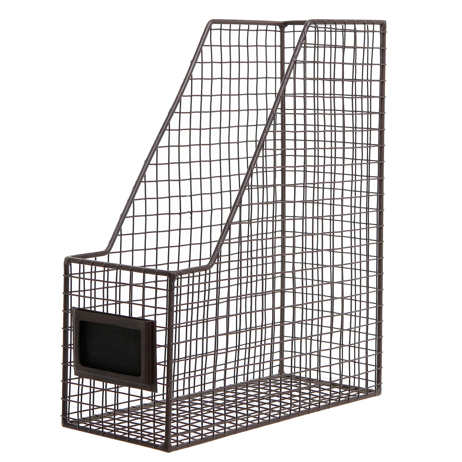 MyGift Wire Magazine Holder Set of 2, Brown File Storage Bin with Label