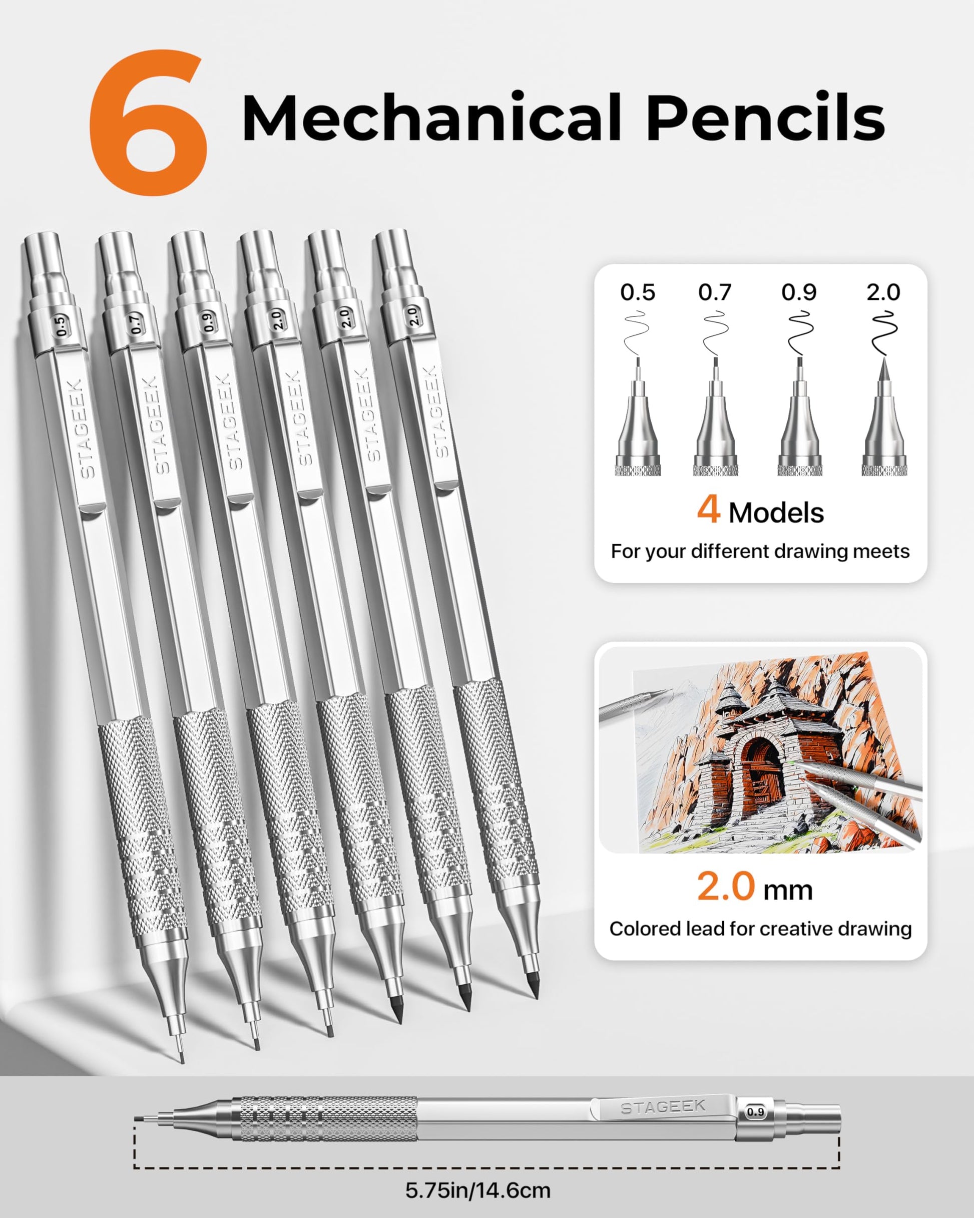 STAGEEK 30Pcs Silver Metal Mechanical Pencil Set with Leather Case