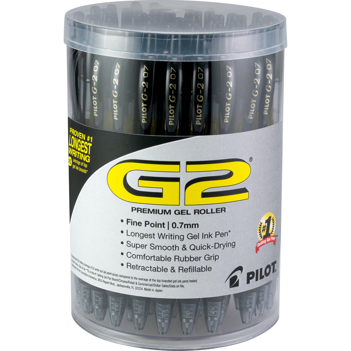 Pilot G2 Premium Gel Pens, Black Pens, Fine Point 0.7 mm, Tub of 48