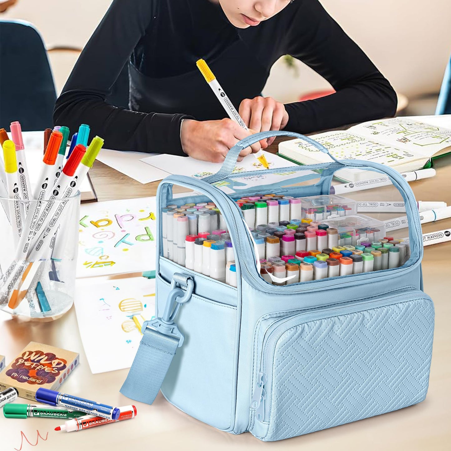 Rexmica Large Marker Organizer Case Storage Bag for 180 Marker Pens, Blue