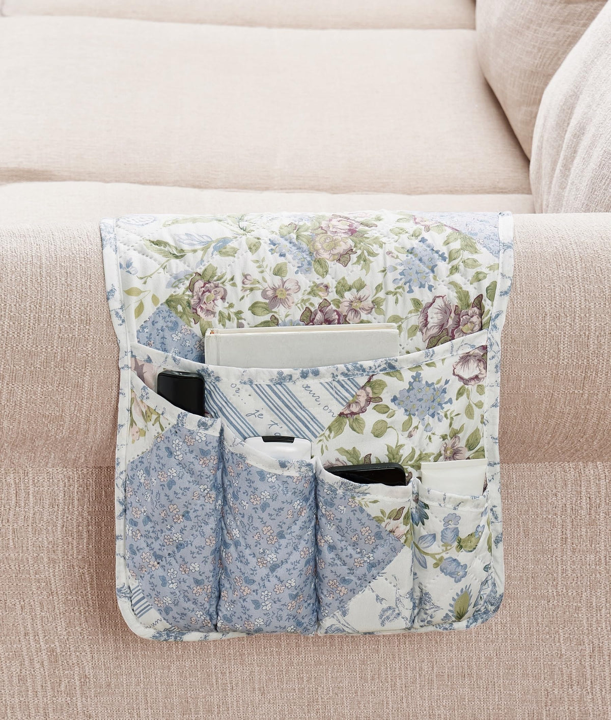 Brilliant Sunshine Blue Roses Patchwork Couch Armrest Cover, 35"×13"