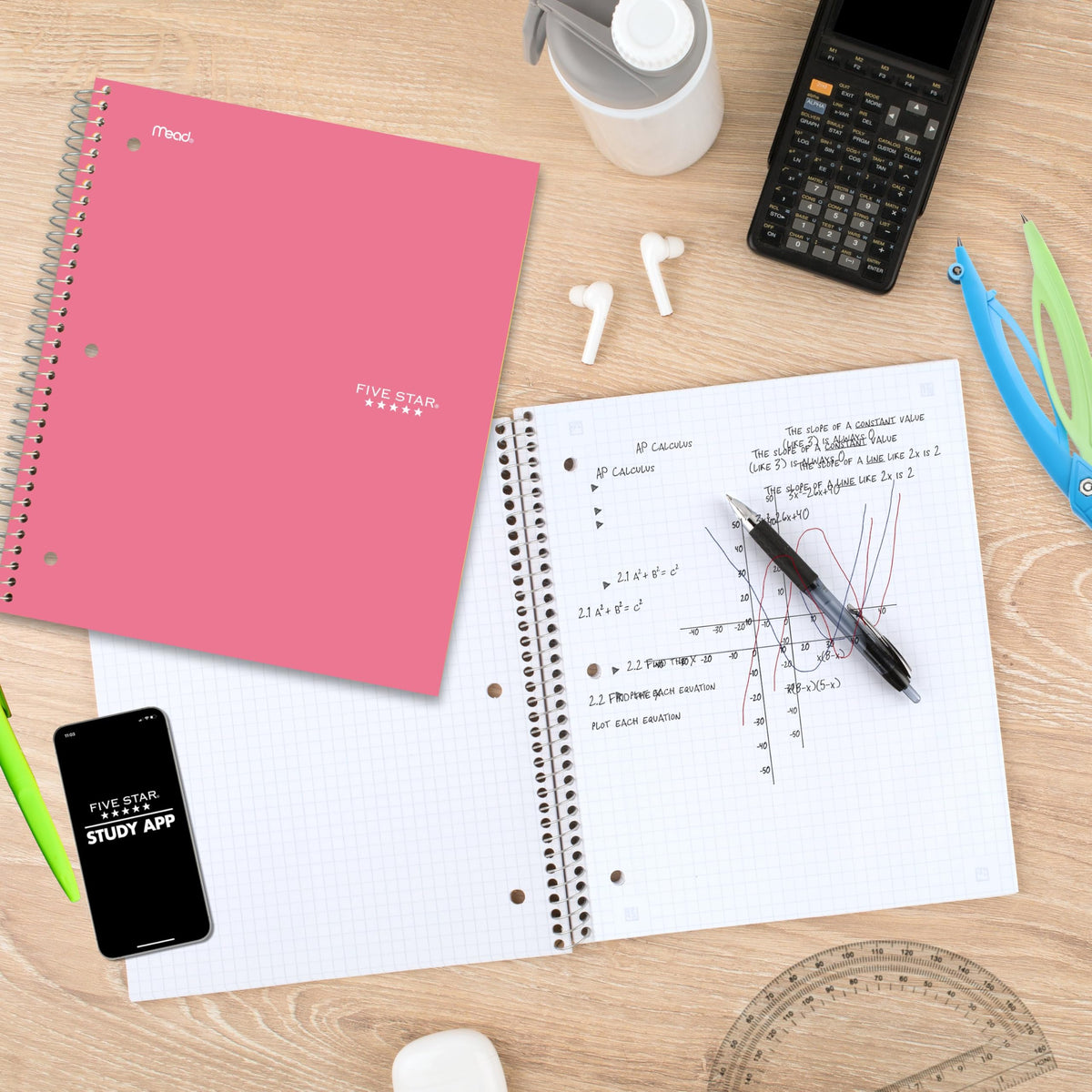 Five Star Spiral Notebook + Study App, 1 Subject, Graph Ruled Paper, 8-1/2" x 11", 100 Sheets, Prom