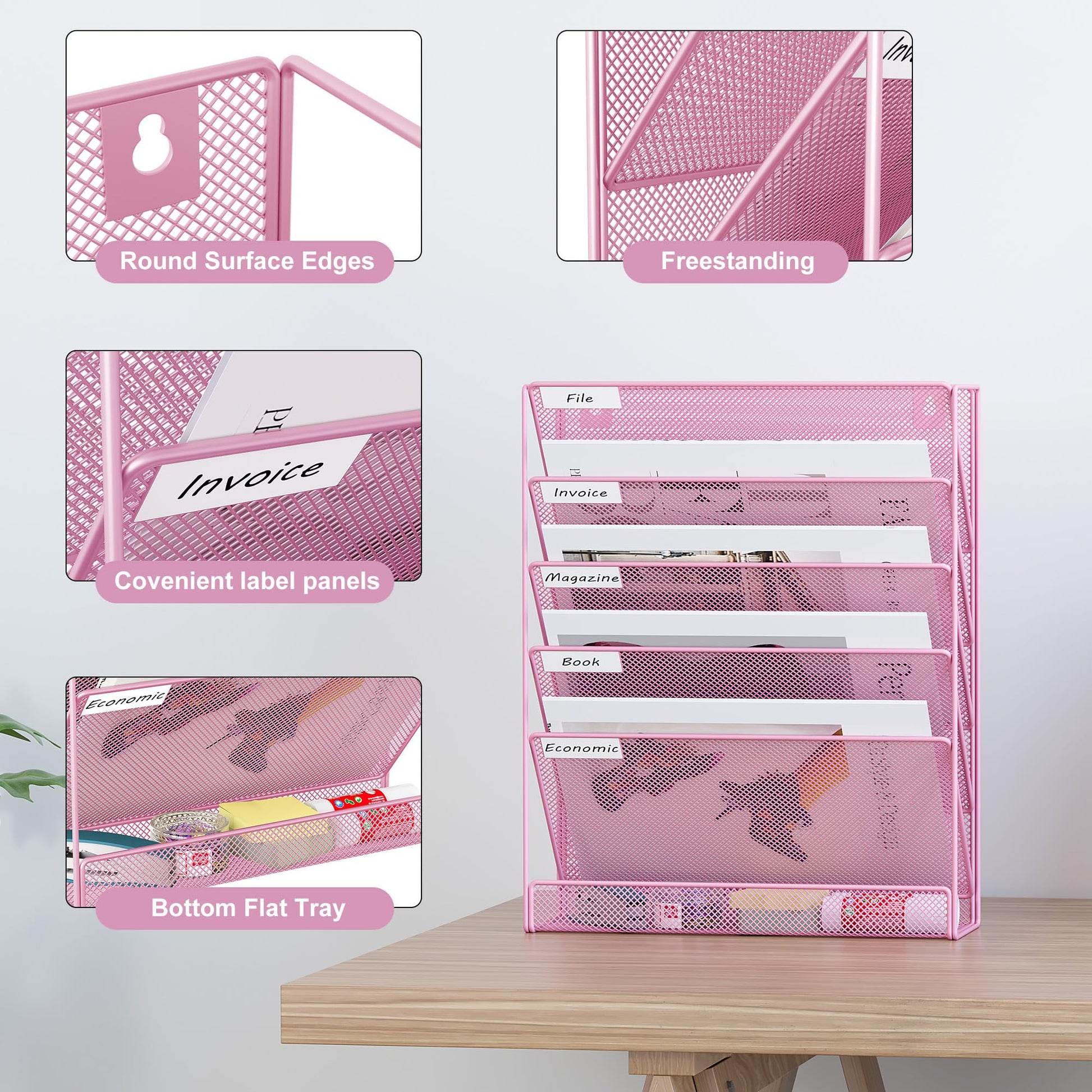 EasyPAG 5 Tier Wall File Holder, Mesh Hanging Folder Organizer with Classify Label, Versatile Desk