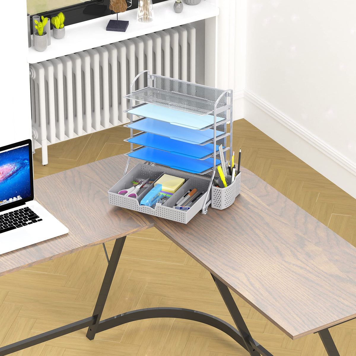 Simple Houseware 6-Tier Desk File Organizer w/Drawer & Pen Holder, Silver