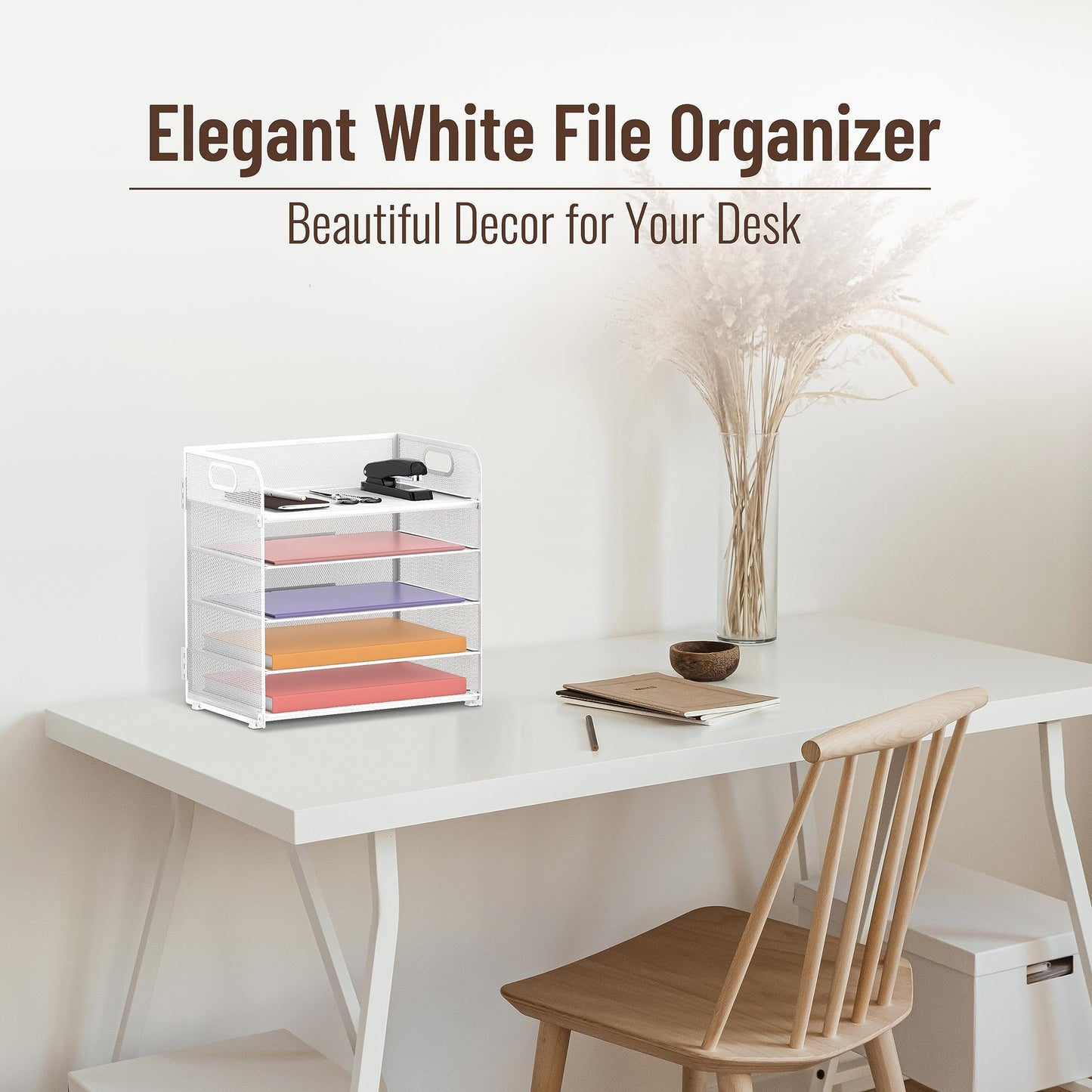 2 Pack 5-Tier White Desk Organizer with Handle Mesh Desk File/Paper Organizer Letter Tray for