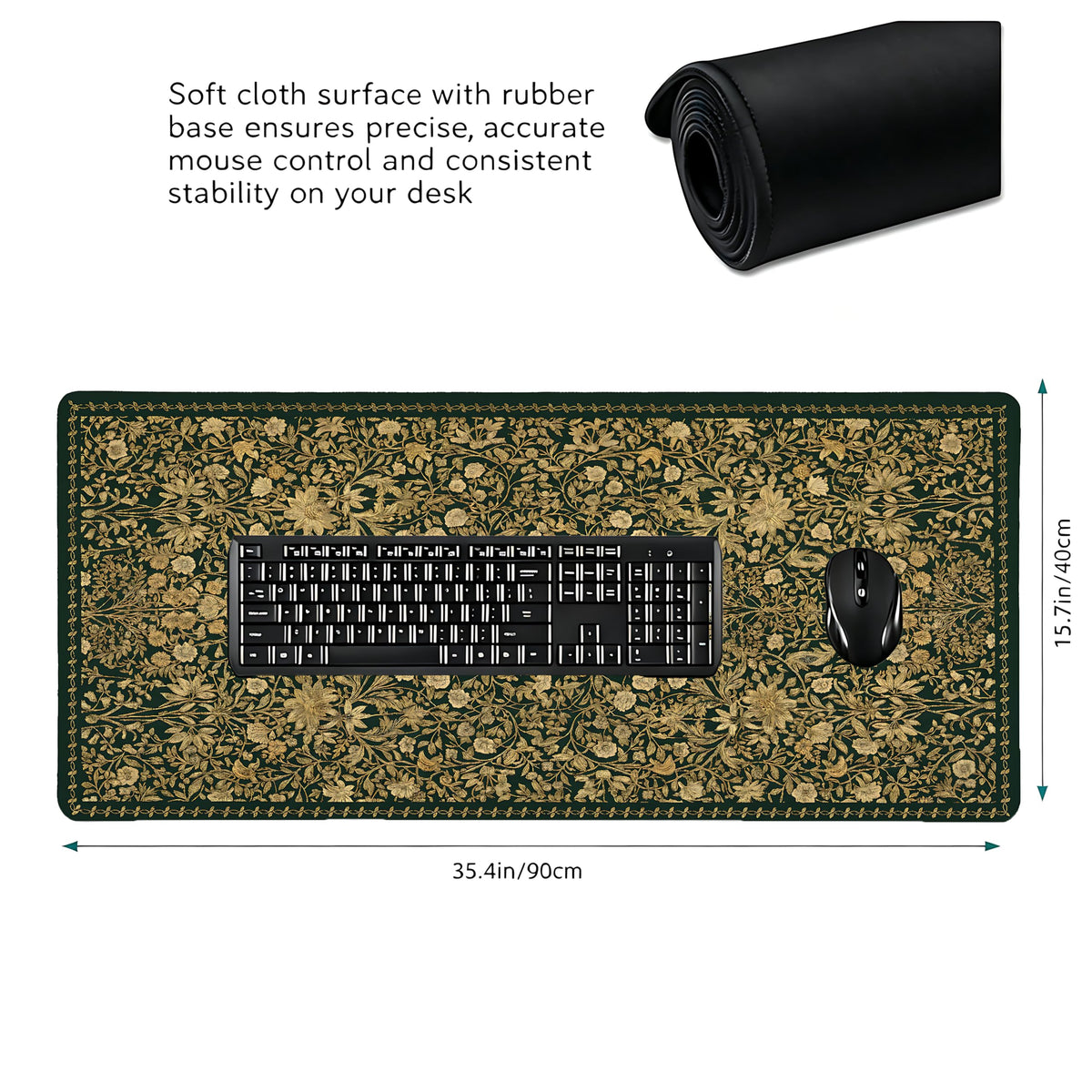 Cute Floral Aesthetic Daisy Gaming Mouse Pad, Green Glod Rug Desk Mat with Anti-Slip Base &