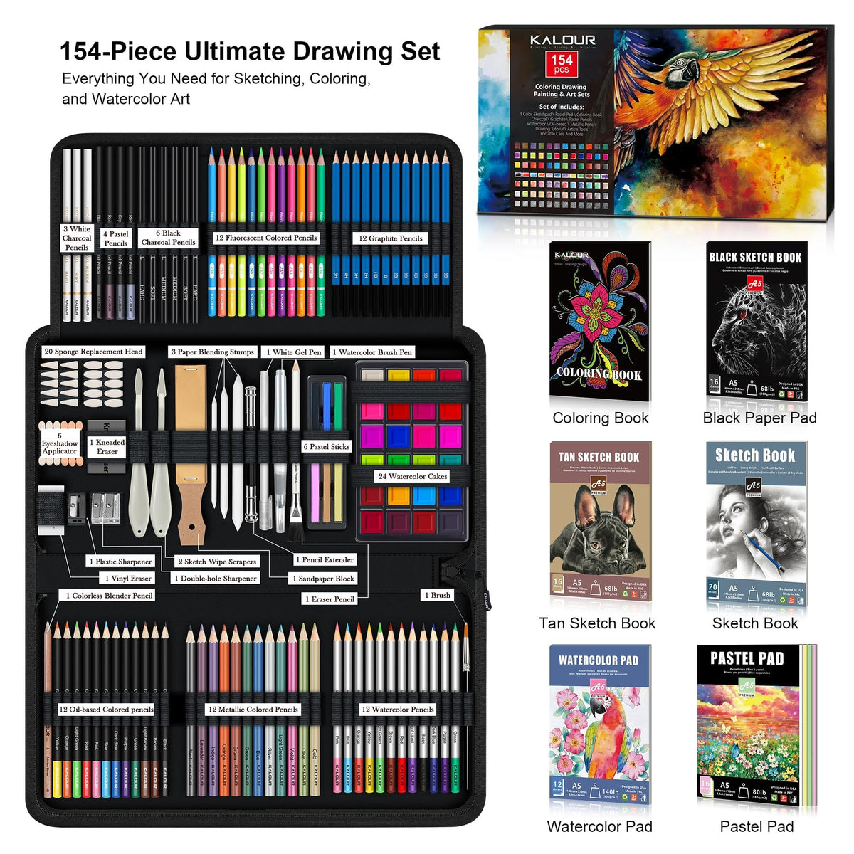 KALOUR 154PCS Artists Art Supplies - Drawing Kit with 6 Sketchbook,Tutorial,Coloring Paper