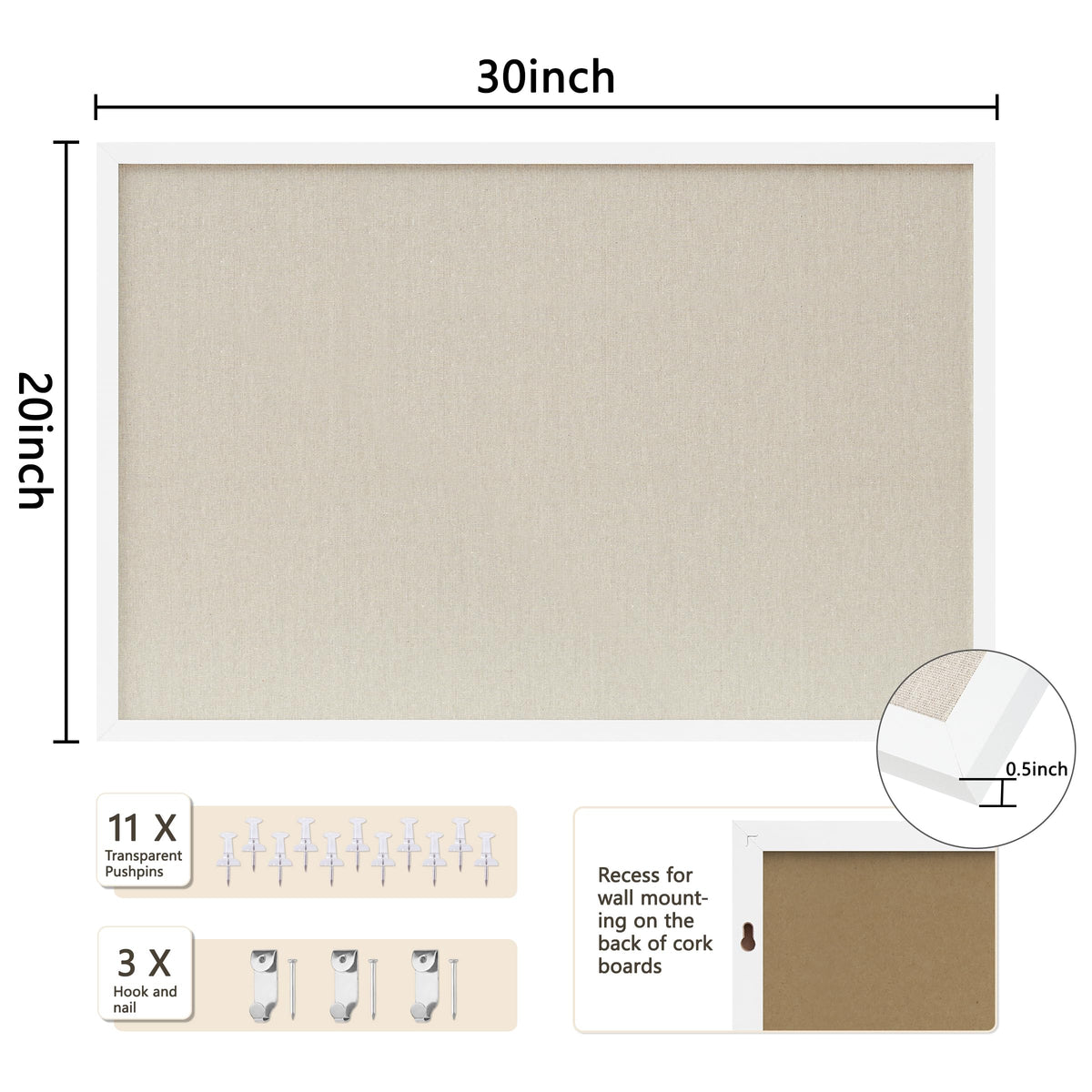 DAHAPYBOO Cork Board with Linen White,Bulletin Board 30"x20"