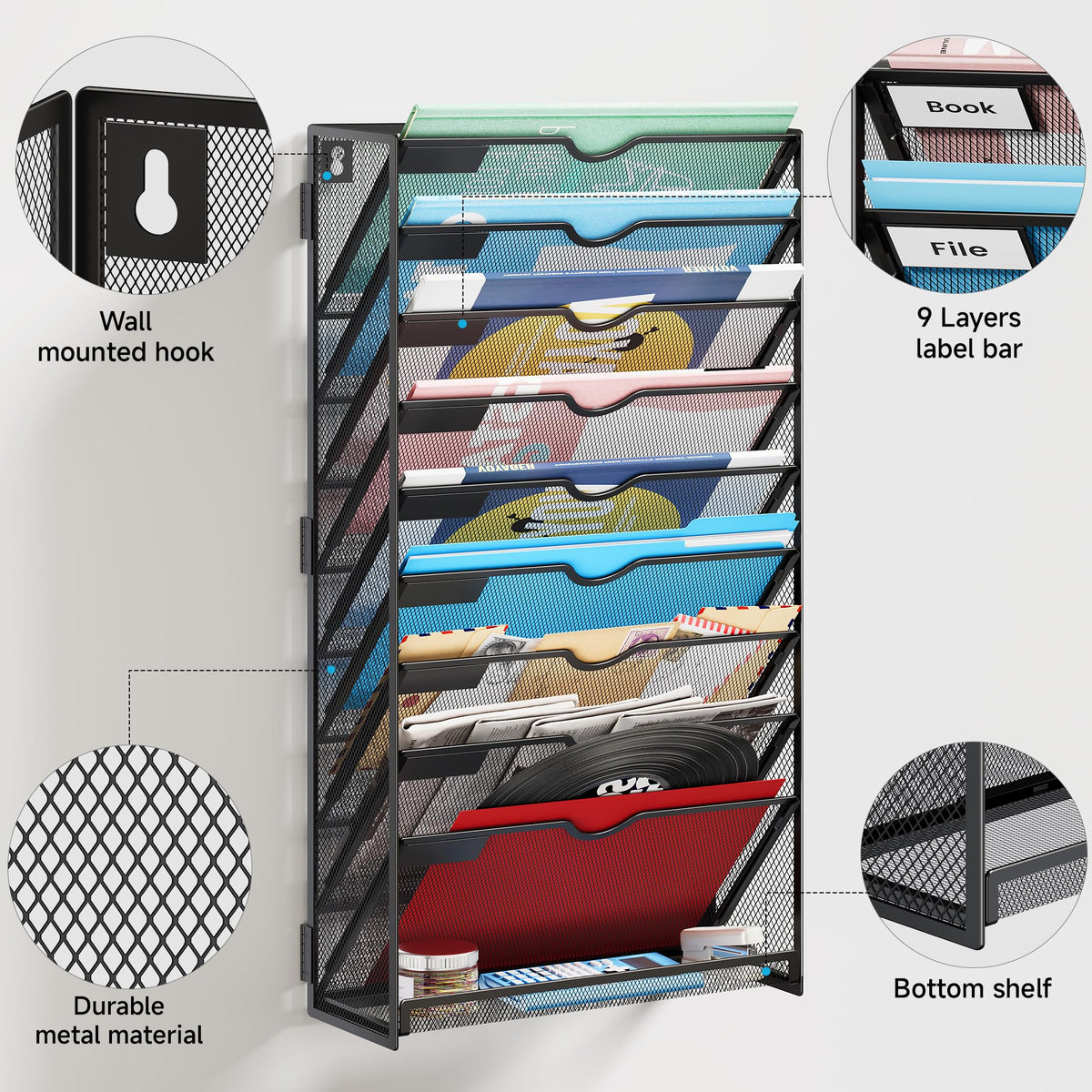 Lavatino 10-Tier Hanging File Organizer, Wall Mount File Holder for Mails Folders Papers Magazine