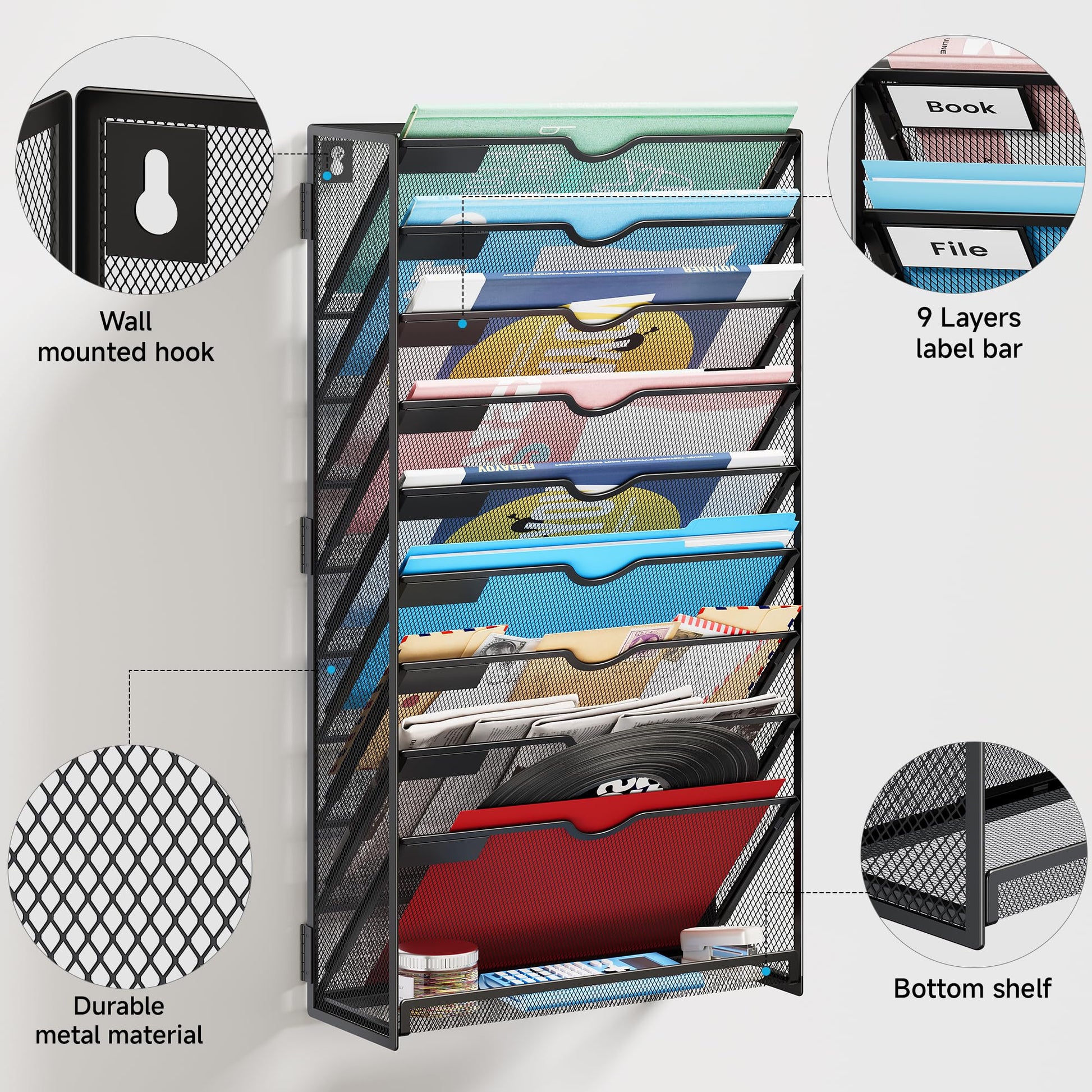 Lavatino 10-Tier Hanging File Organizer, Wall Mount File Holder for Mails Folders Papers Magazine