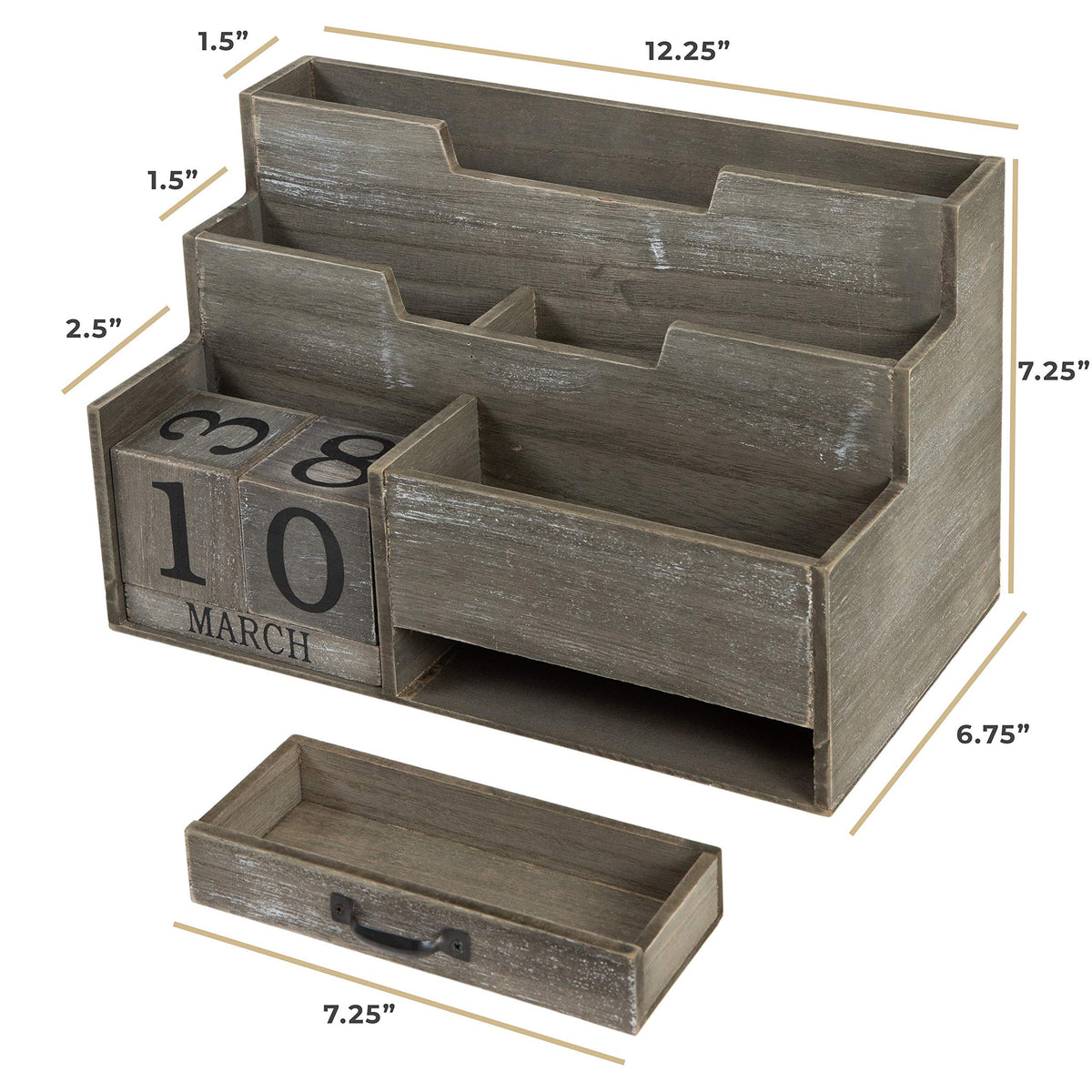 BLU MONACO | Dark Wooden Mail Organizer with Block Calendar | Two-Tier Mail Sorter, Drawer &