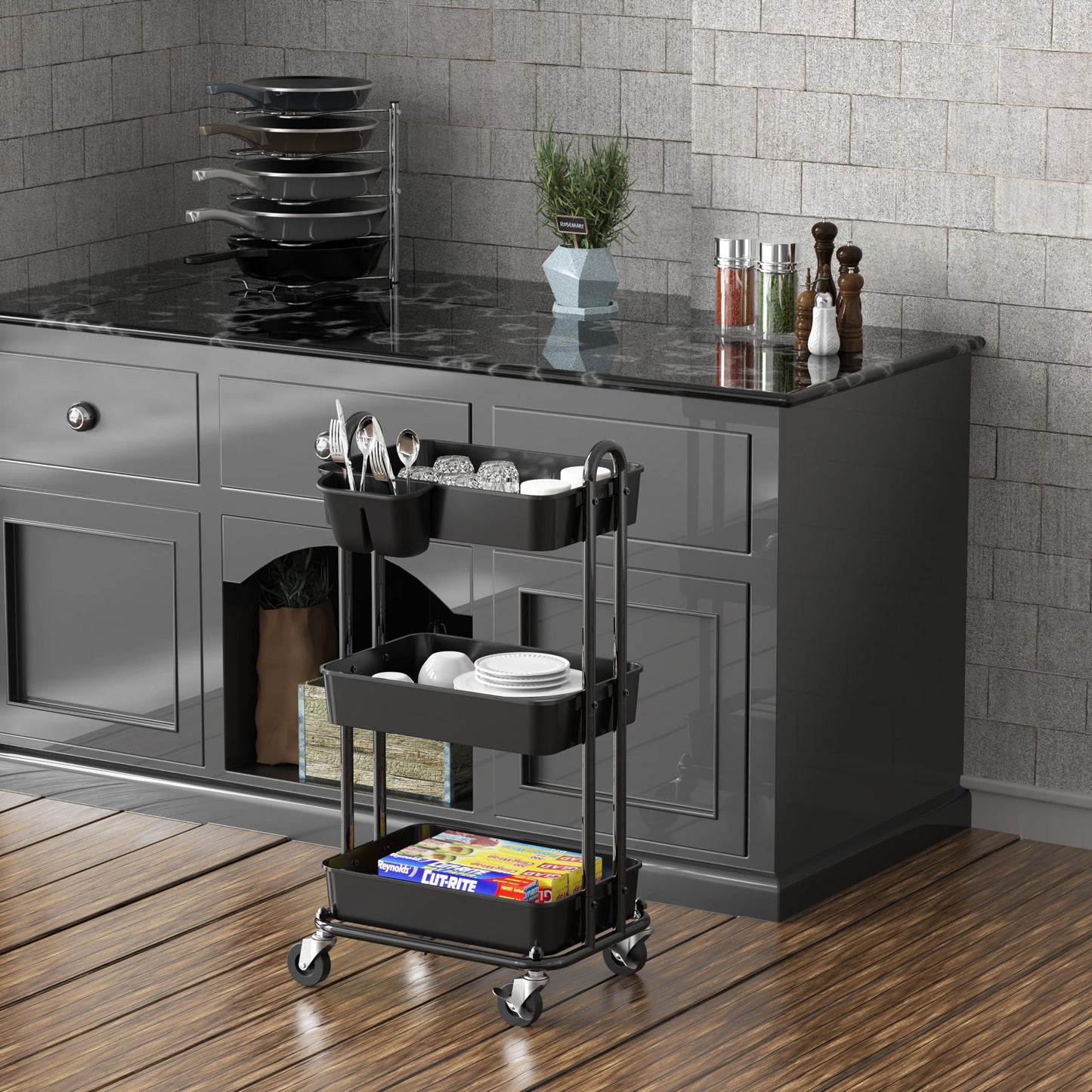 Simple Houseware 3-Tier Rolling Utility Cart with Hanging Bucket, Black