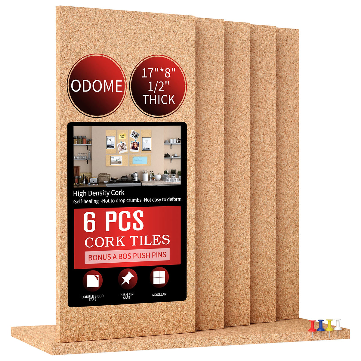 ODOME Cork Board Tiles 17”X 8” – 1/2” Thick Cork Board – Bulletin Board – Pin Board Decoration for