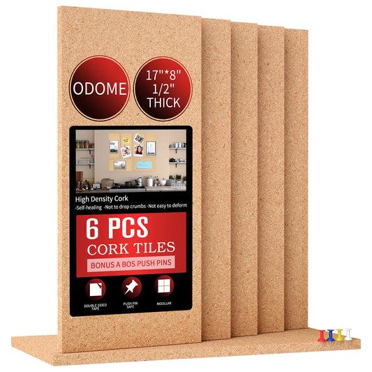 ODOME Cork Board Tiles 17”X 8” – 1/2” Thick Cork Board – Bulletin Board – Pin Board Decoration for