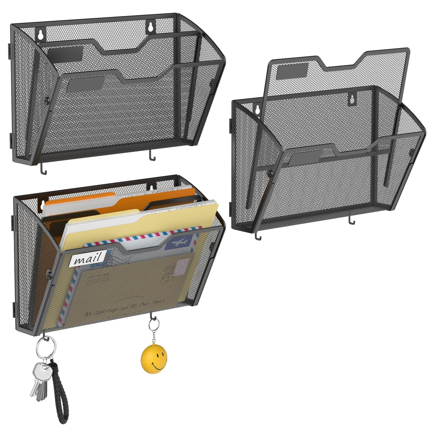 Docnest 3 Pack 2 Tier Mesh Wall File Holders with Hooks for Mail, Black