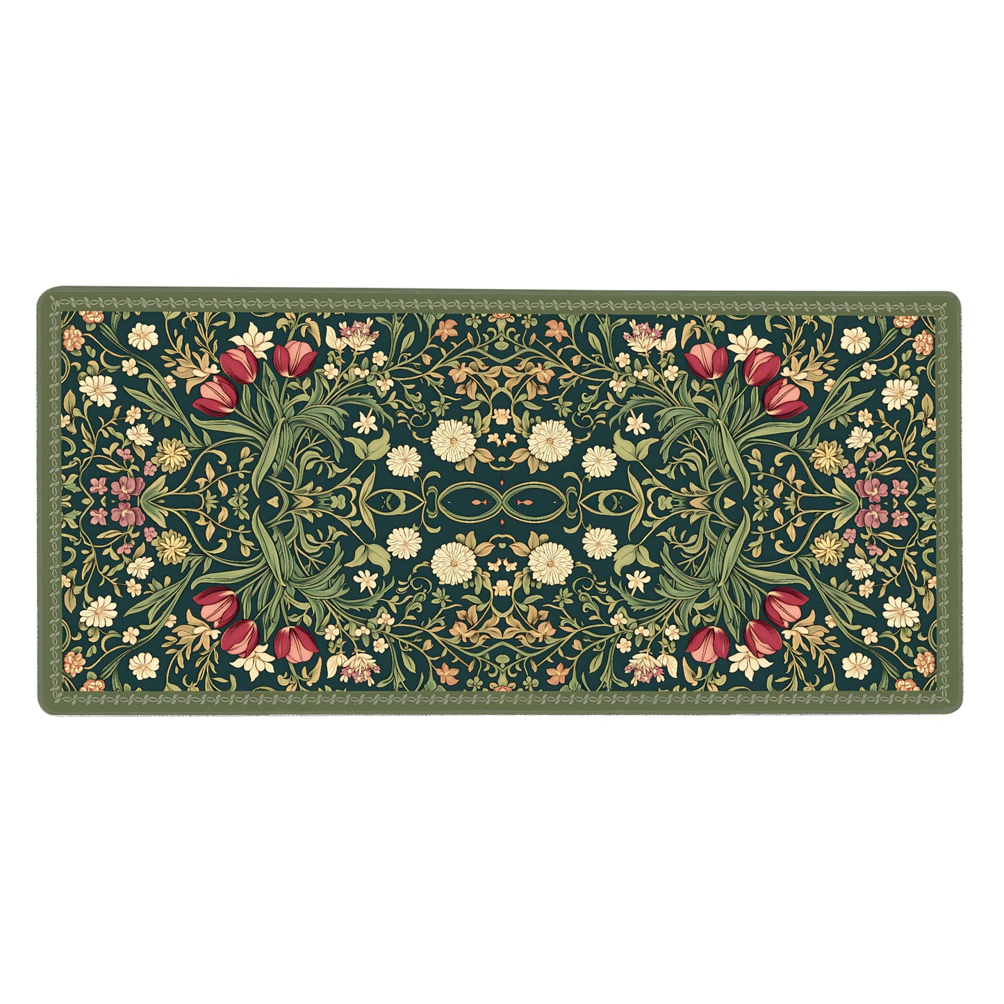 Cute Floral Aesthetic Dahlia Gaming Mouse Pad, Dark Green Rug Desk Mat with Anti-Slip Base &
