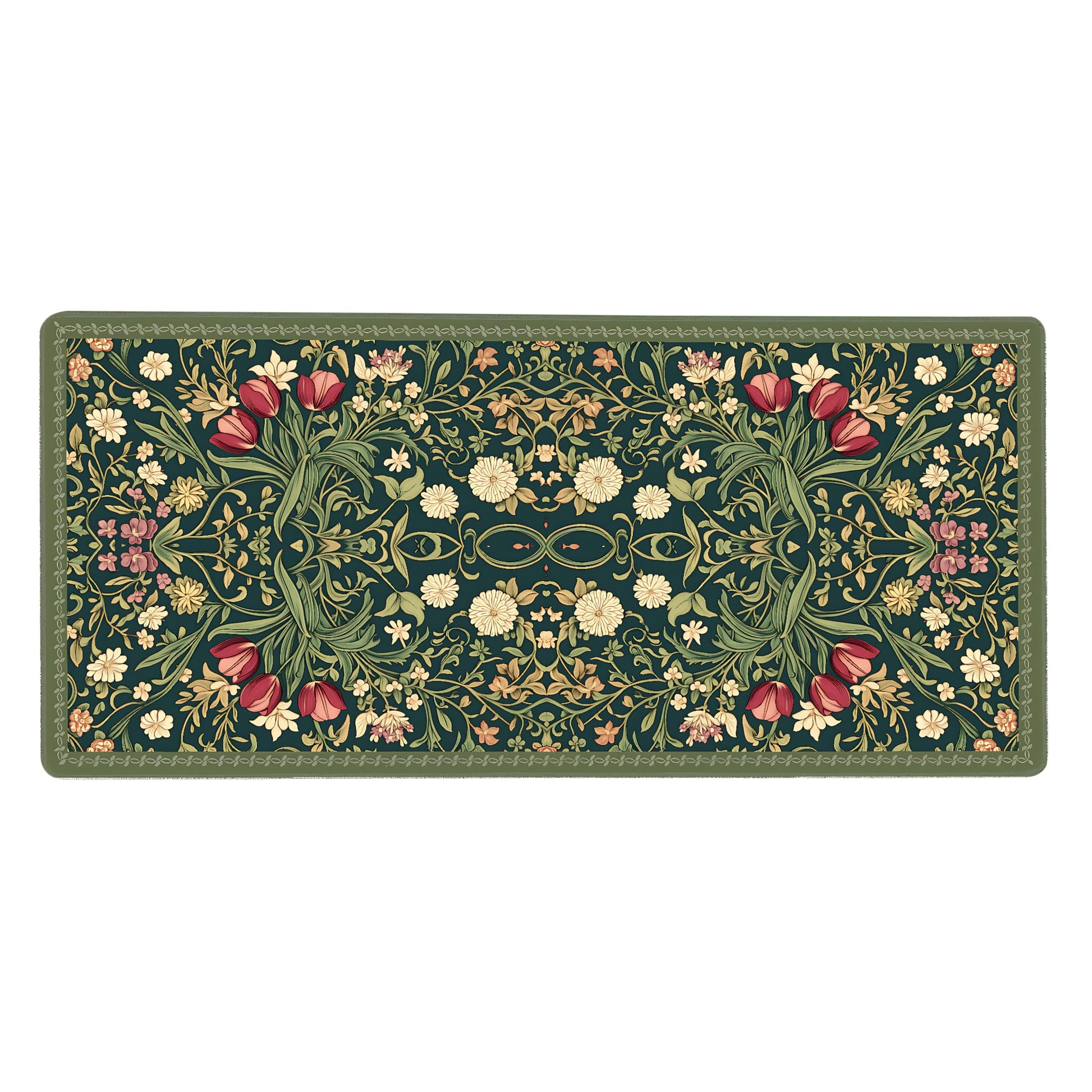 Cute Floral Aesthetic Dahlia Gaming Mouse Pad, Dark Green Rug Desk Mat with Anti-Slip Base &