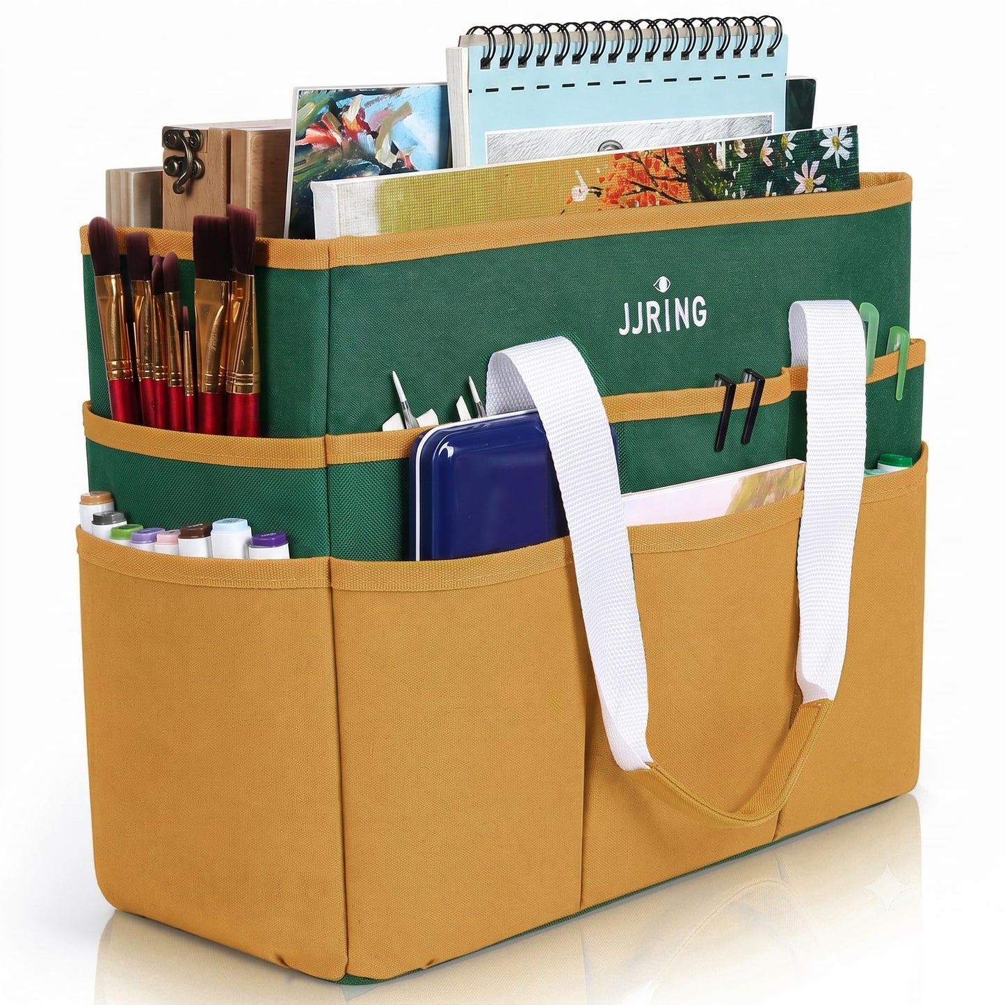 JJRING Craft Organizer Tote Bag Large Art Storage Caddy Deep Green&Yellow