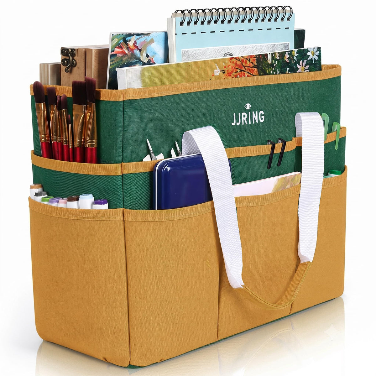 JJRING Craft Organizer Tote Bag Large Art Storage Caddy Deep Green&Yellow