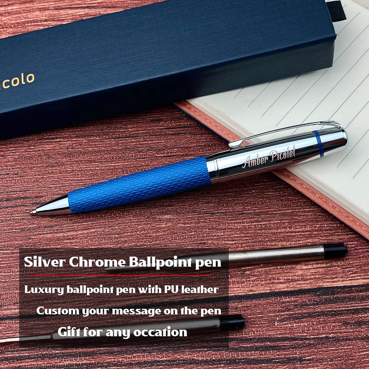 Ancolo Personalized Silver Chrome Ballpoint Pen- Luxury Pen with PU Leather