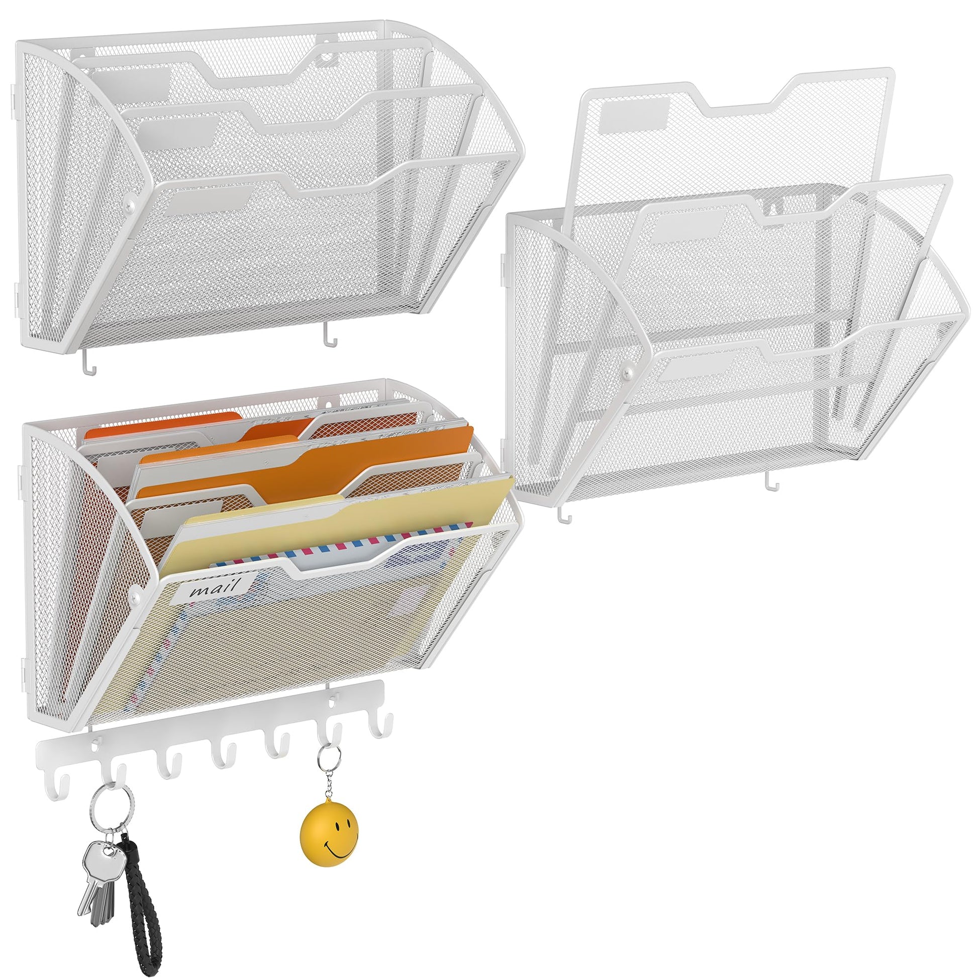 Docnest 3 Pack 3 Tier Mesh Wall File Holders with Hooks for Mail, White