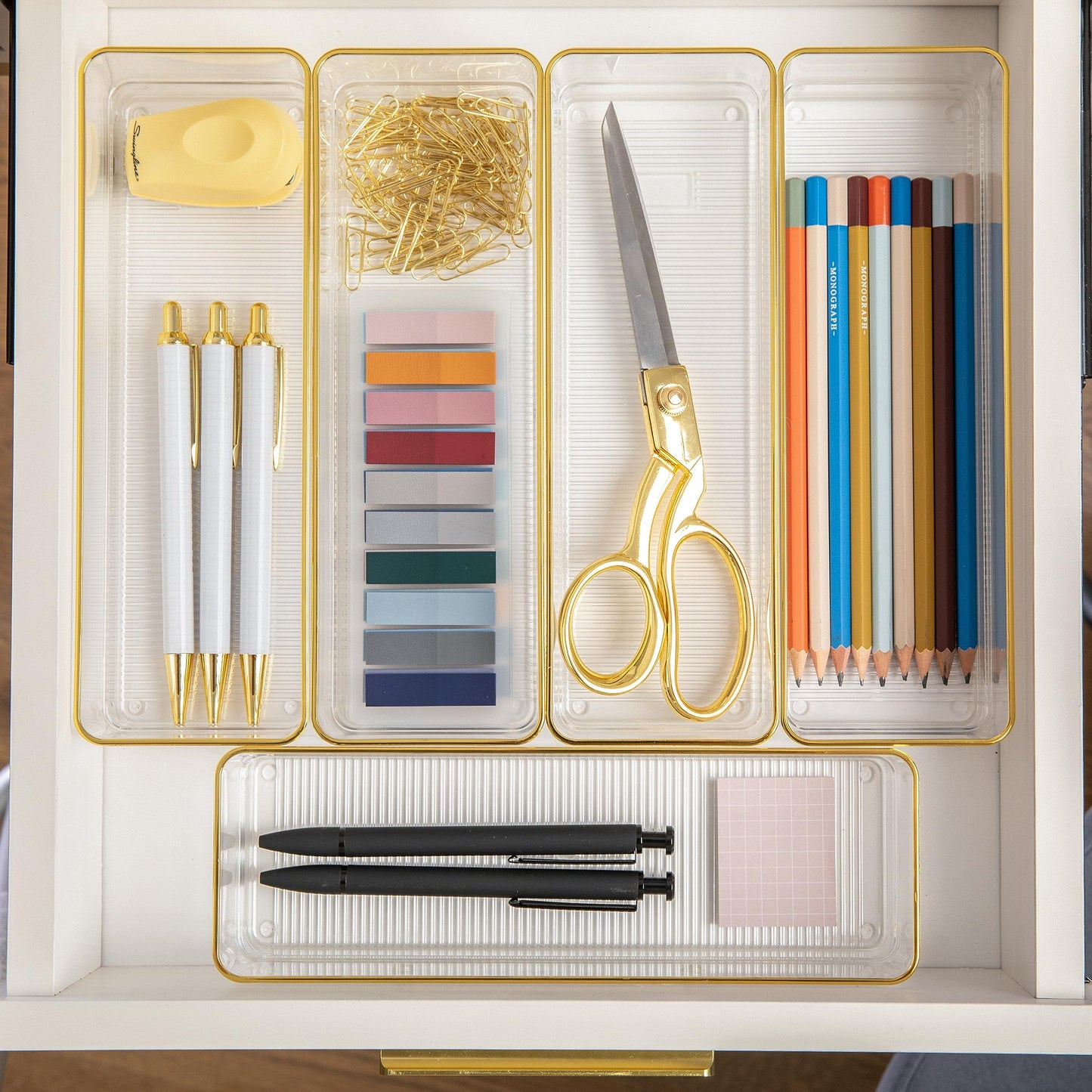 Martha Stewart Kerry Stackable Desk Drawer Organizers, Clear/Gold, 6-Pack