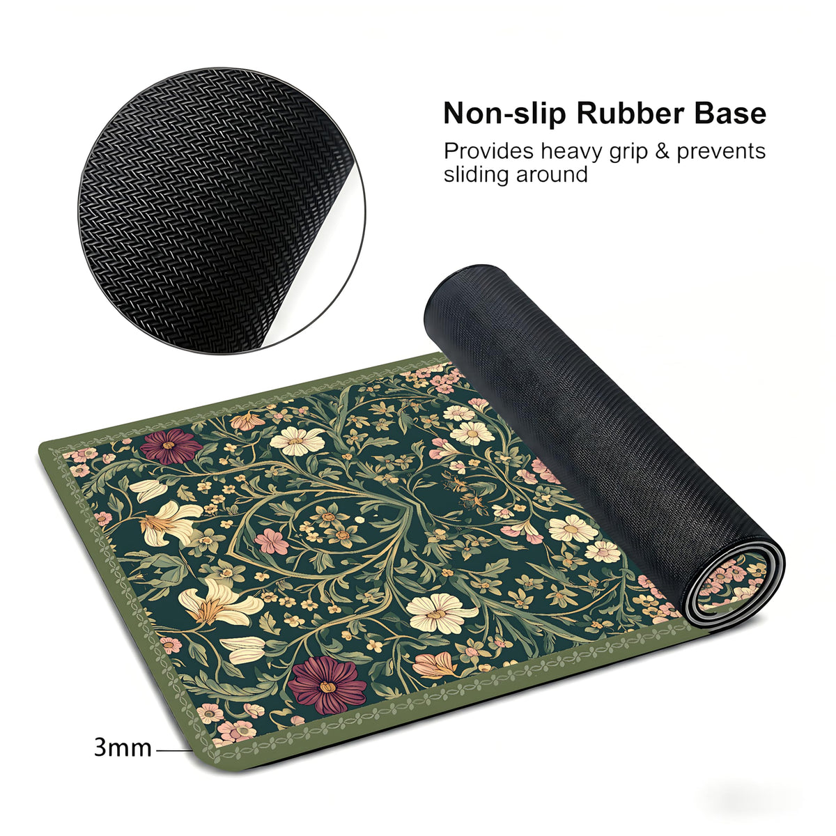 Cute Floral Aesthetic Dahlia Gaming Mouse Pad, Dark Green Rug Desk Mat with Anti-Slip Base &
