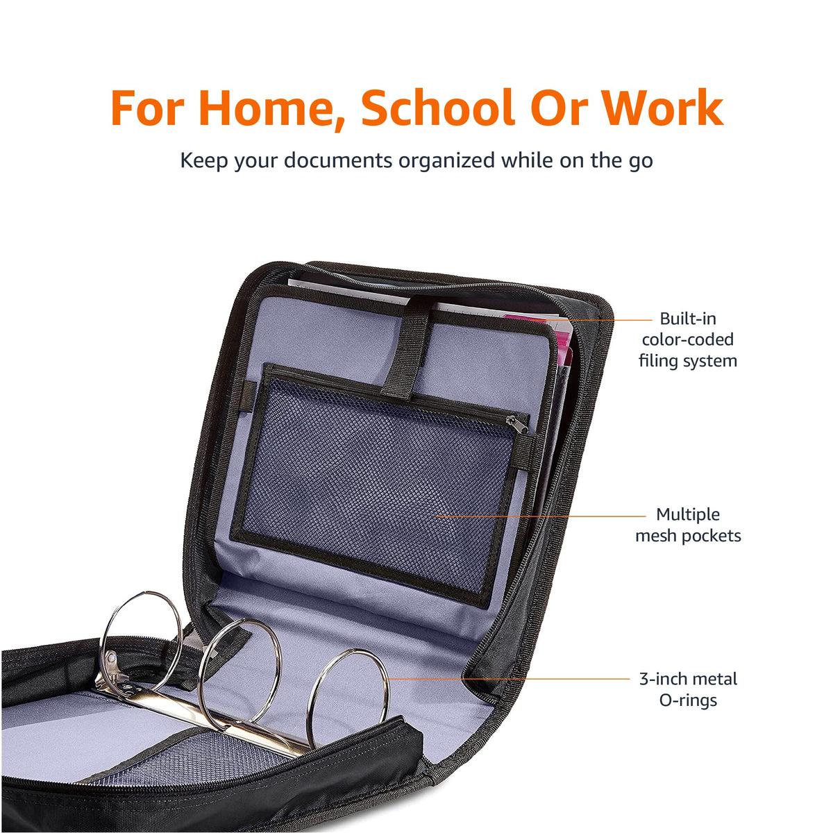 Amazon Basics Durable 3 Ring Binder with Zipper and Strap, Multiple Pockets, Sturdy Storage for