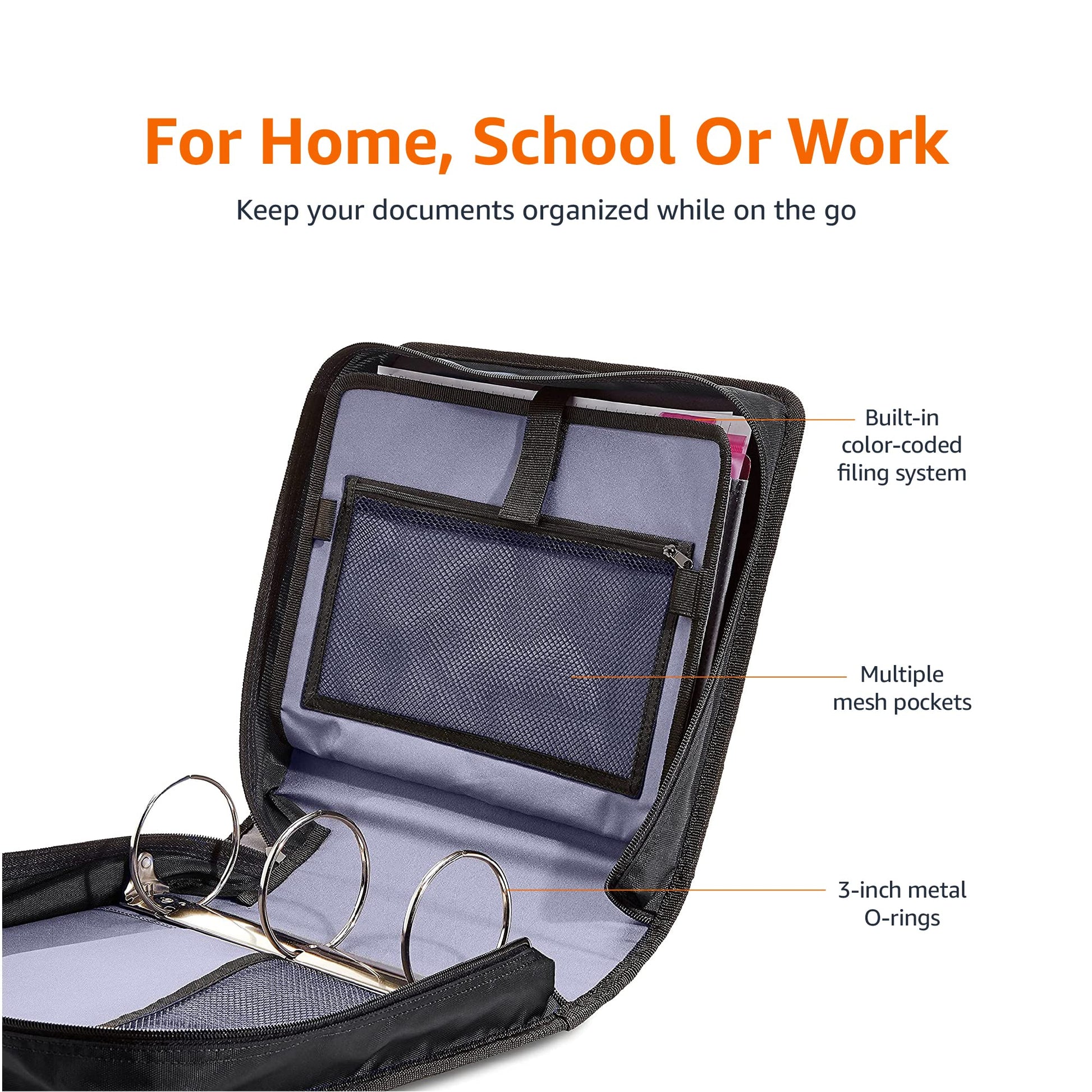 Amazon Basics Durable 3 Ring Binder with Zipper and Strap, Multiple Pockets, Sturdy Storage for