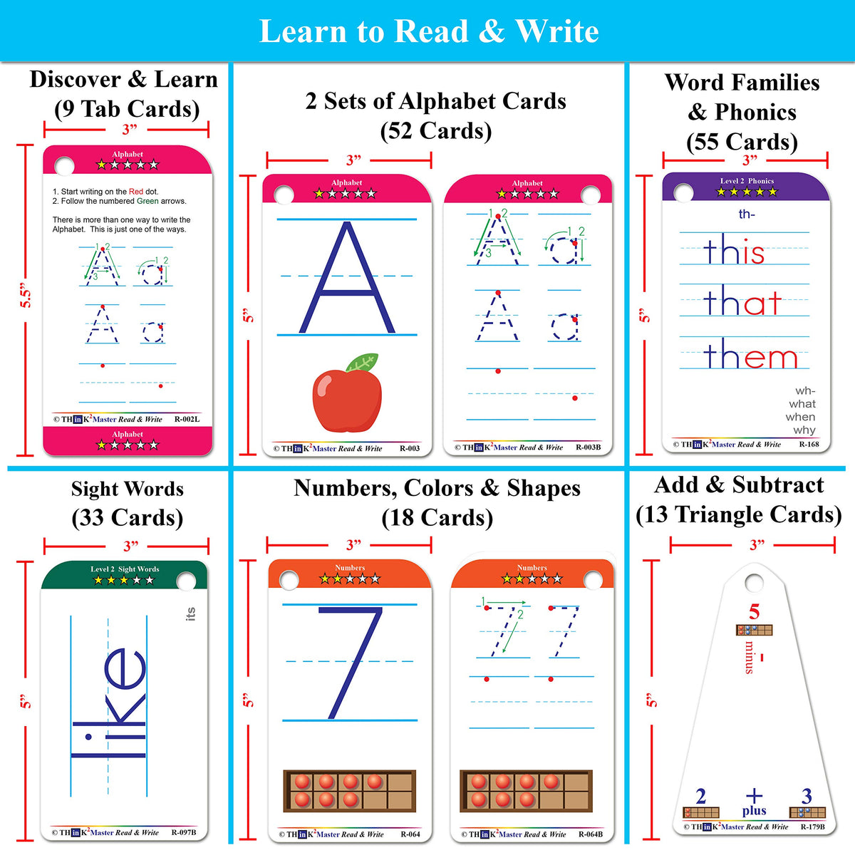 THINK2MASTER Premium 186 Laminated Alphabet, Sight Words & Phonics Flash Cards for Pre K &