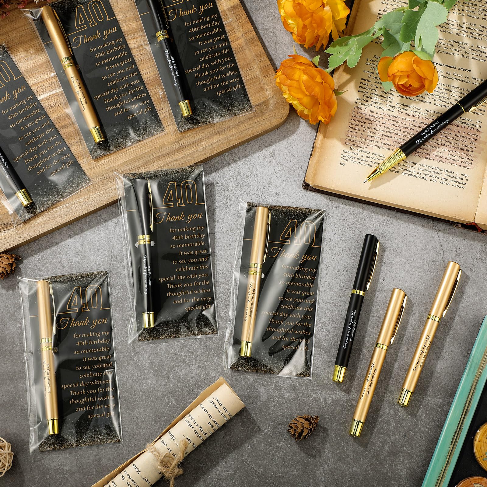 Feifeiya 50 Set 40th Birthday Favors with Black Gold Pens Cards