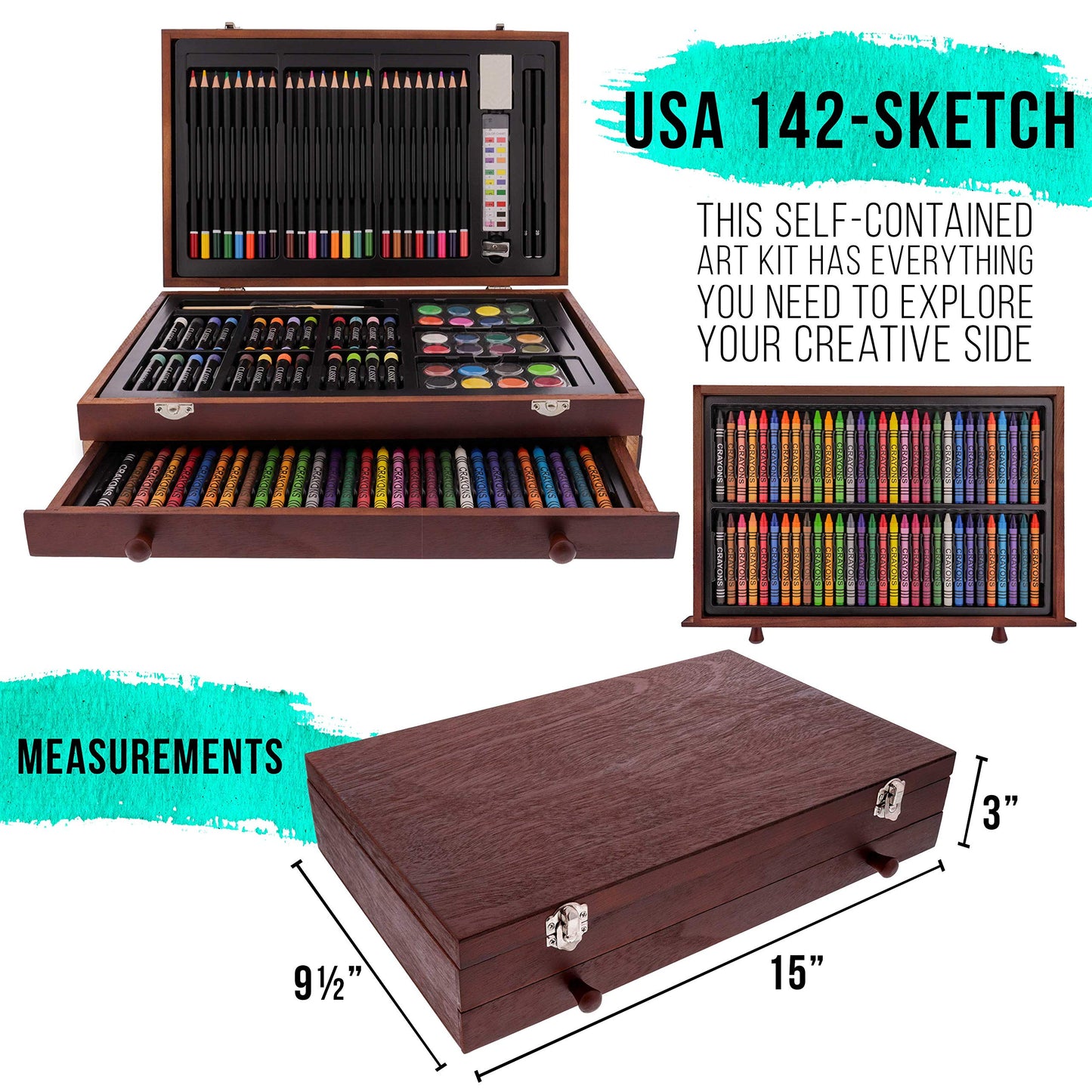 U.S. Art Supply 162-Piece Mega Wood Box Artist Kit for Painting, Drawing