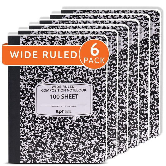 6 Pack - EPI Marble Hardcover Wide Ruled Composition Notebook | 200 Pages (100 Sheets), 9.75 x 7.5