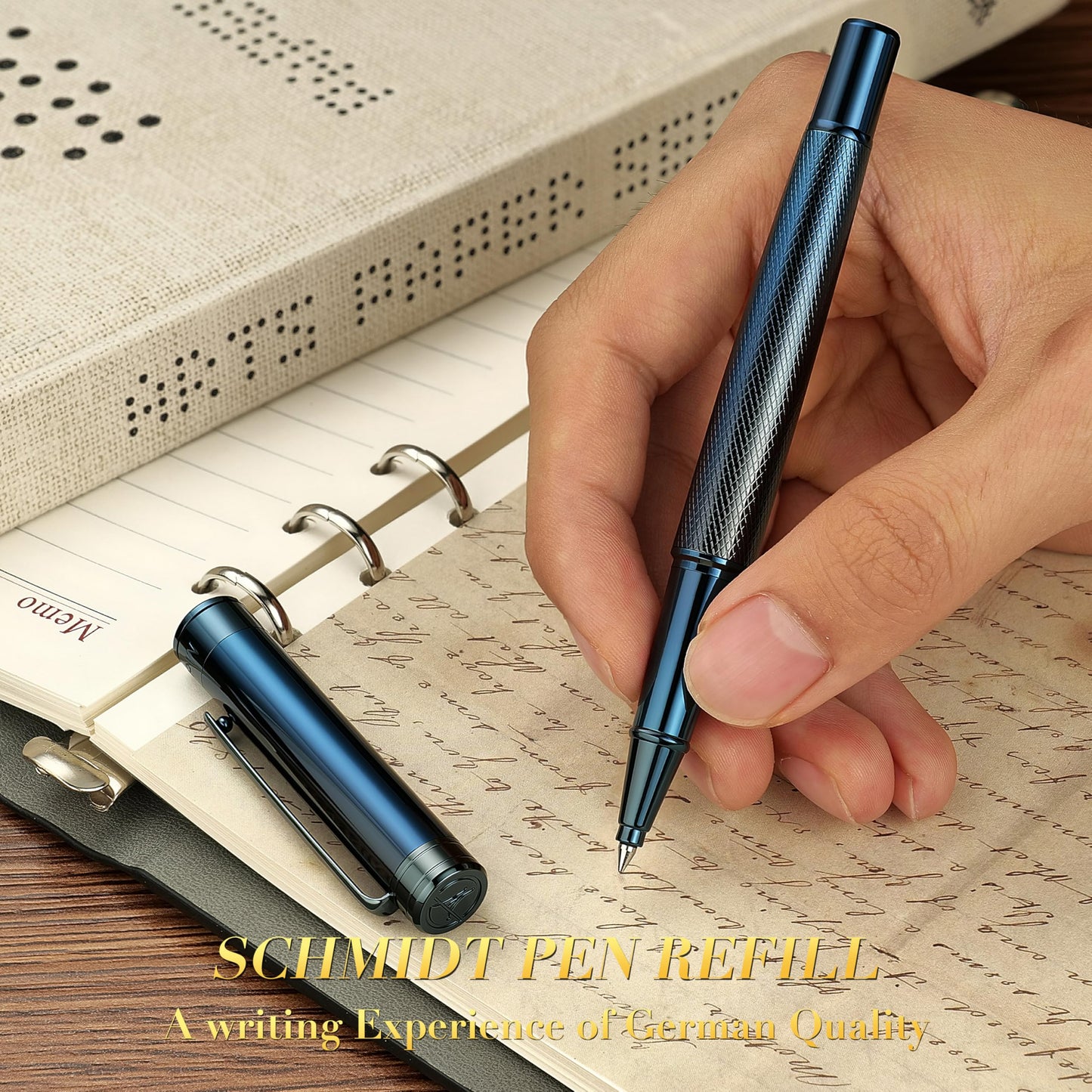 MCNTEIK Electroplated Blue Rollerball Pen, Stunning Luxury Pen with Mesh Texture Design、Schmidt Ink