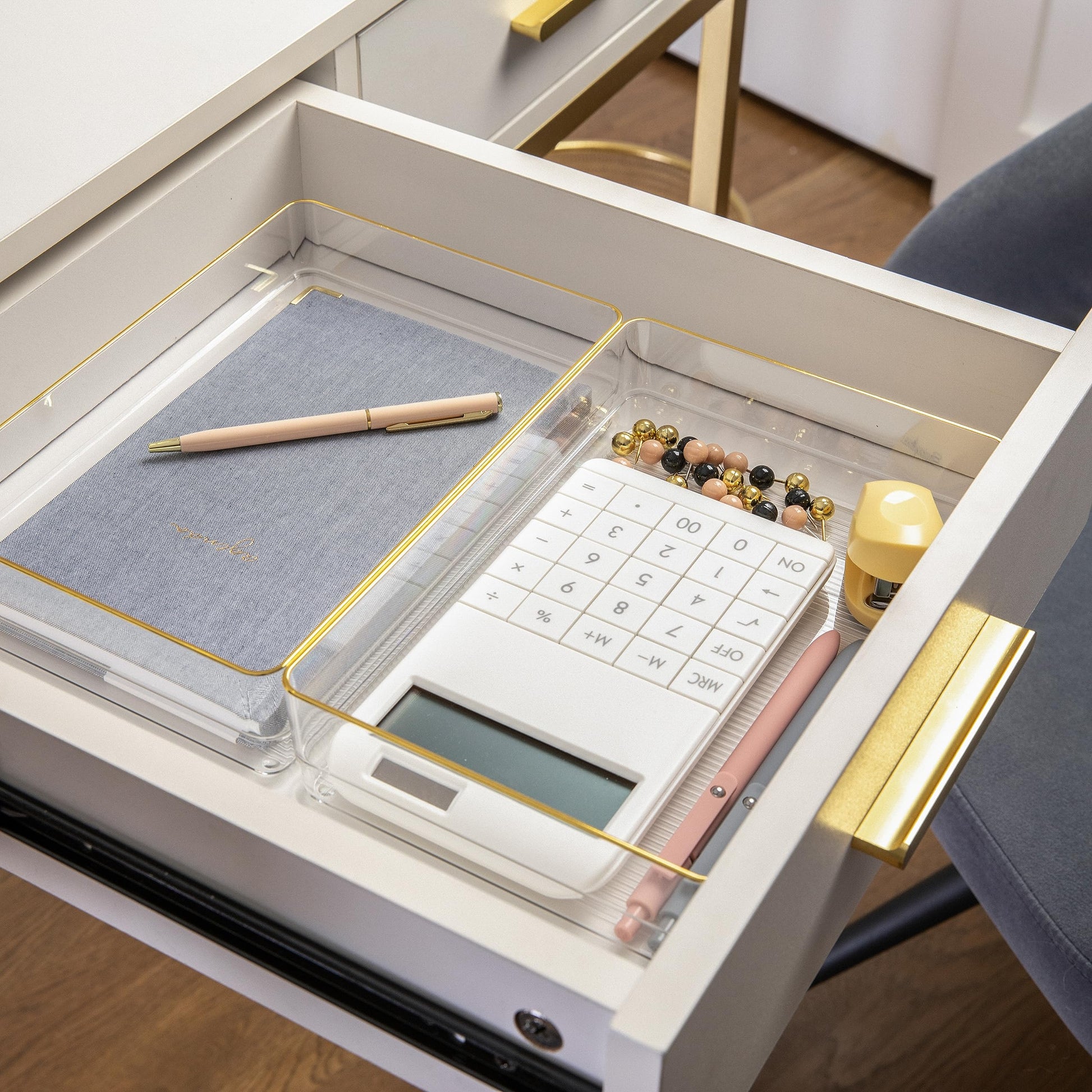 Martha Stewart Kerry Stackable Desk Drawer Organizers, Clear/Gold, 3-Pack