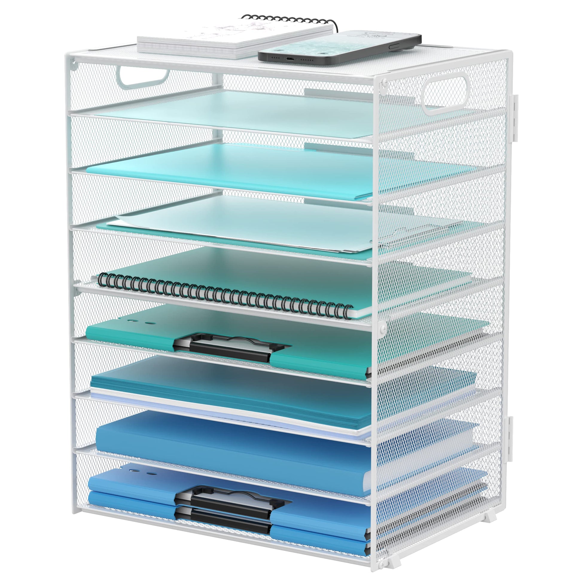 9-Tier Paper Organizer for Desk, Metal Mesh Letter Tray with Handles, White