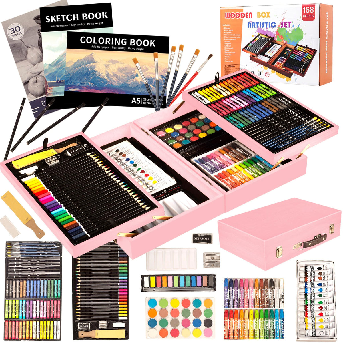 KINSPORY 168 Pack Wooden Art Set, Deluxe Painting Drawing Kit with 3 Coloring Books, Oil Pastels