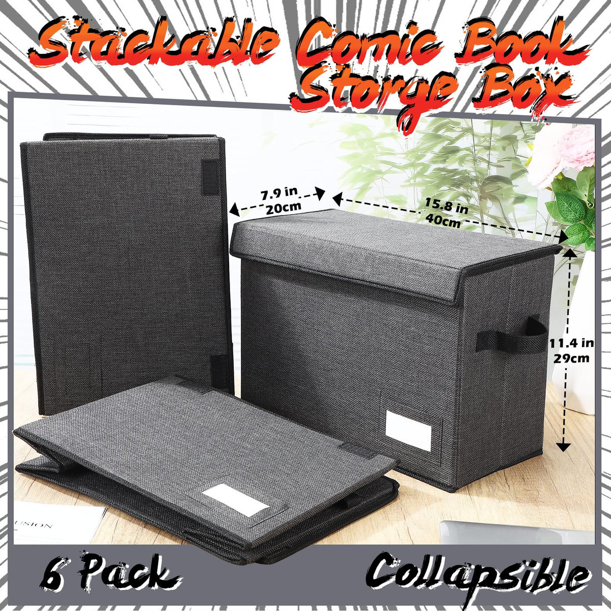 Chuangdi 6 Pcs Comic Book Storage Boxes,Charcoal Gray