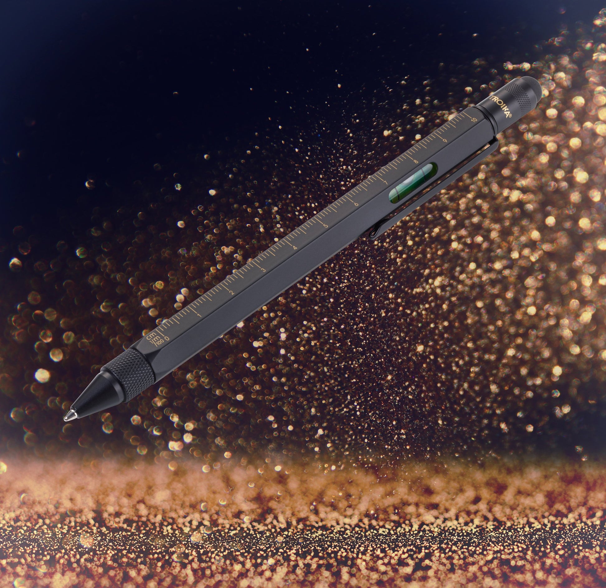 TROIKA CONSTRUCTION Multitasking Ballpoint Pen - PIP20/BG - Black/Gold - Centimetre and Inch Ruler