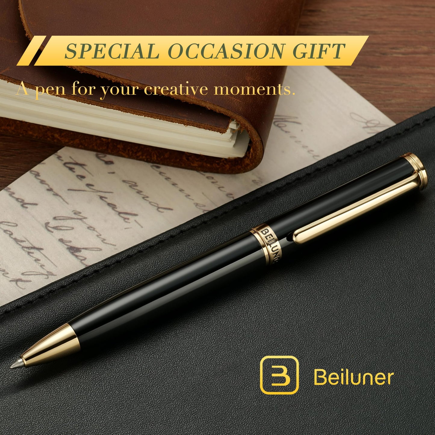 BEILUNER Luxury Gel Pen with 24K Gold Finish, Black Piano Lacquer, Luxury Grade Craftsmanship, Best