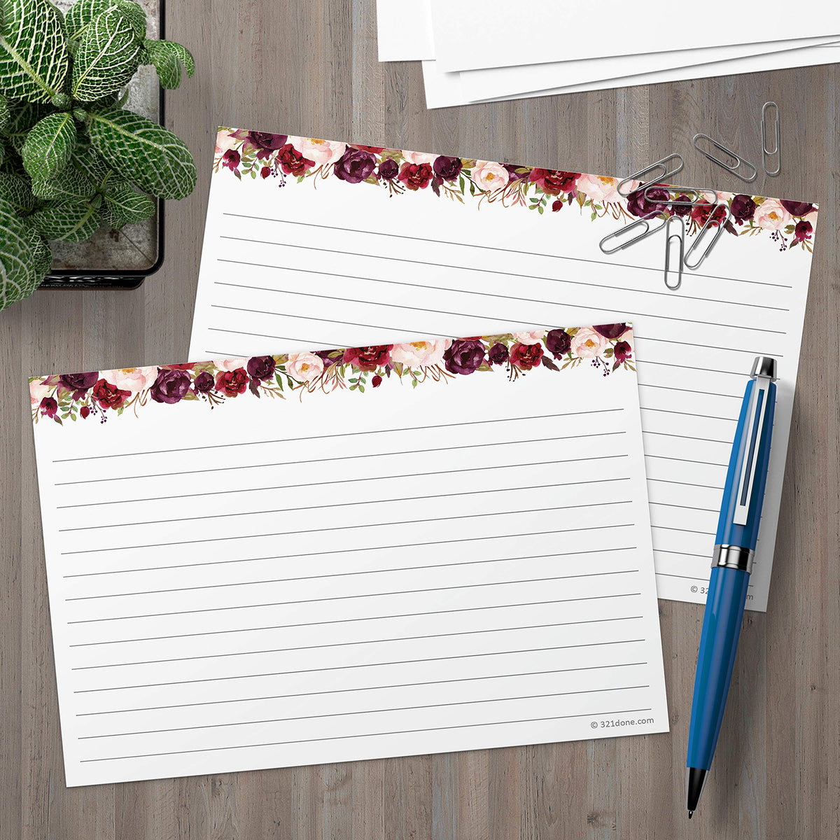 321Done Ruled Index Cards, Large 5x7, Set of 50, Red Roses on White