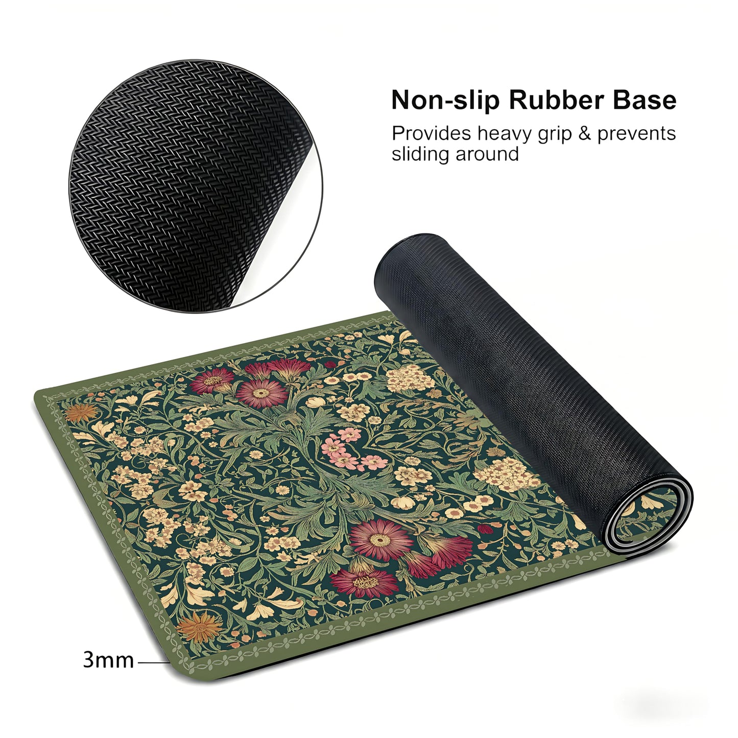 Cute Floral Aesthetic Daisy Gaming Mouse Pad, Dark Green Rug Desk Mat with Anti-Slip Base &