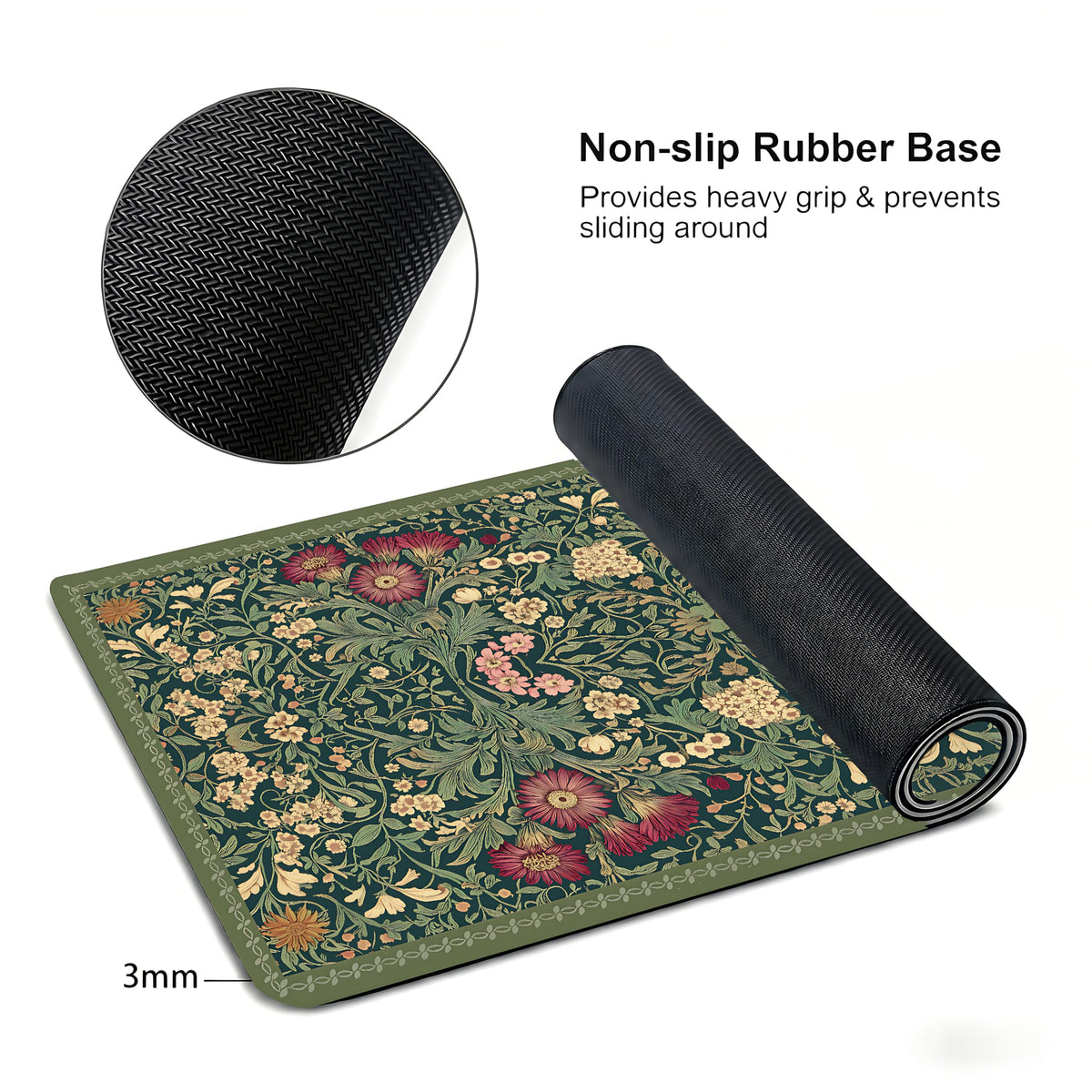 Cute Floral Aesthetic Daisy Gaming Mouse Pad, Dark Green Rug Desk Mat with Anti-Slip Base &