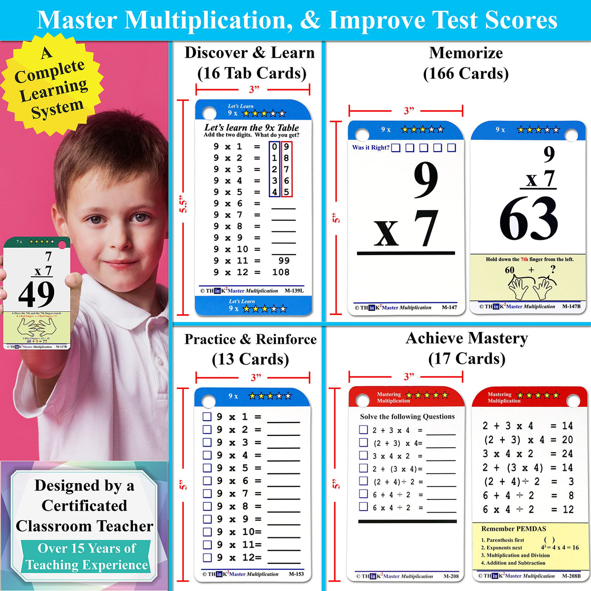 Think2Master Multiplication Flash Cards. 215 Laminated Premium Flashcards (All 0-12 X Facts)| Learn