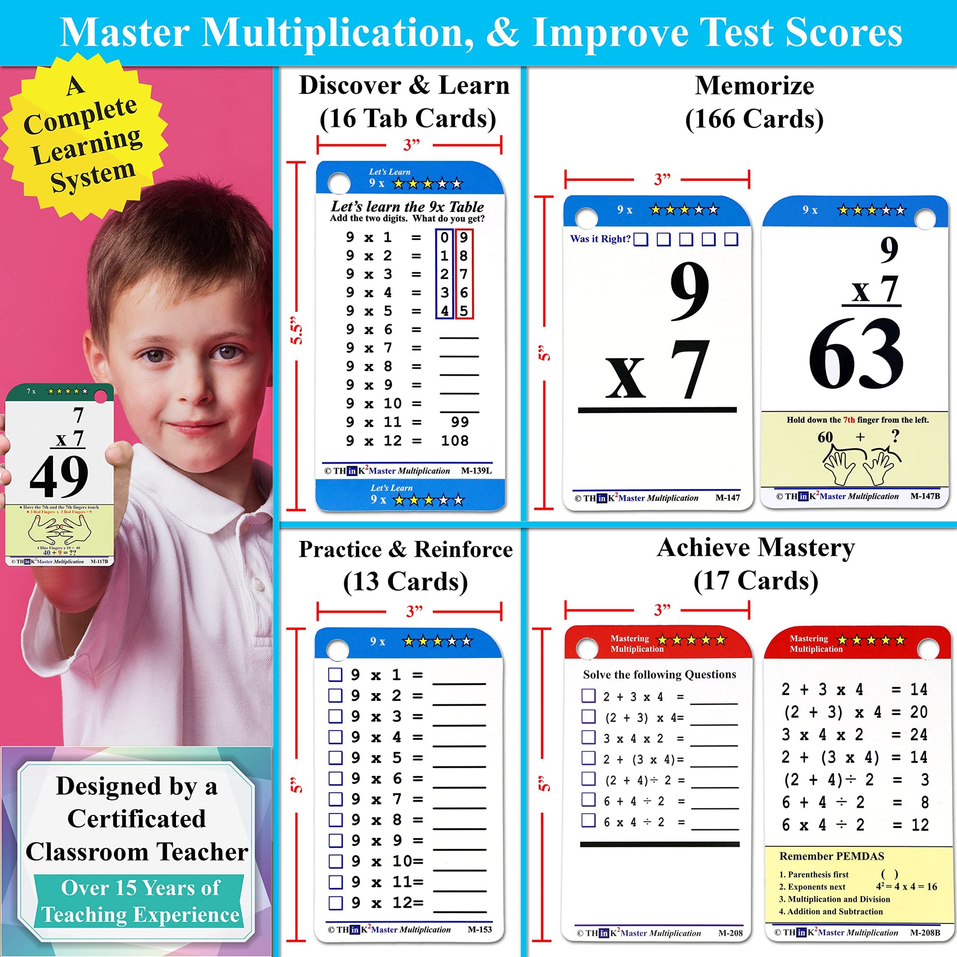 Think2Master Multiplication Flash Cards. 215 Laminated Premium Flashcards (All 0-12 X Facts)| Learn