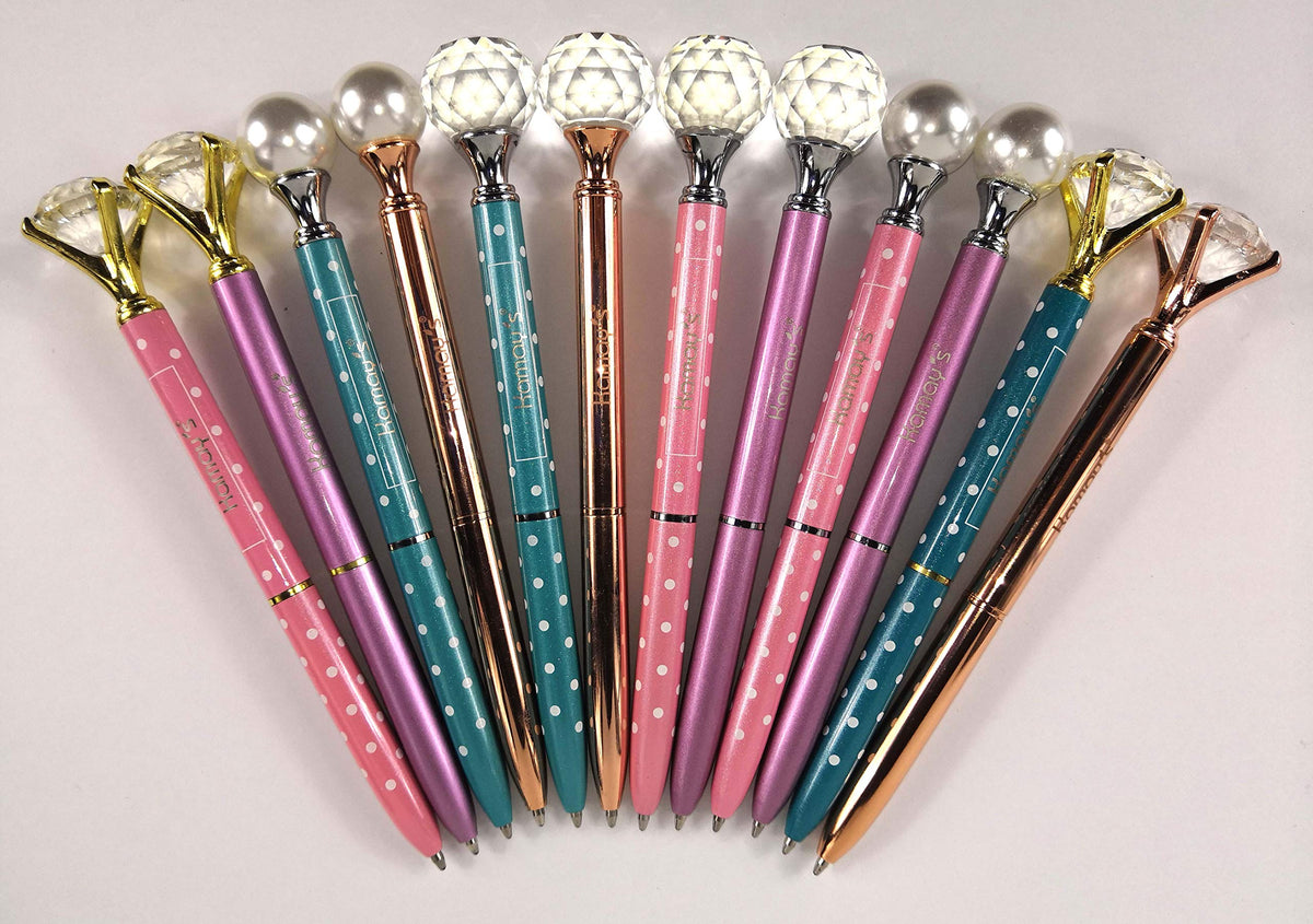 Kamay's 12PCS 3Style 4 Colors Diamond Pearl Metal Pen With Big Crystal Diamond Funky Design Office