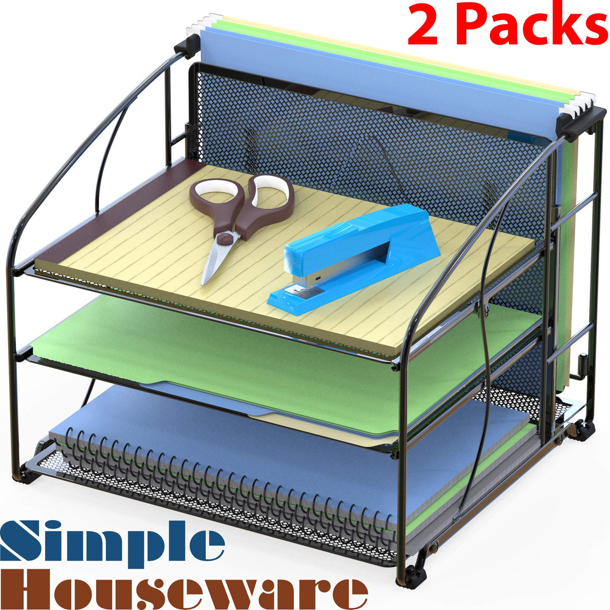 Simple Houseware 3-Tier Desk Organizer with Sliding Drawer, Black, 2-Pack