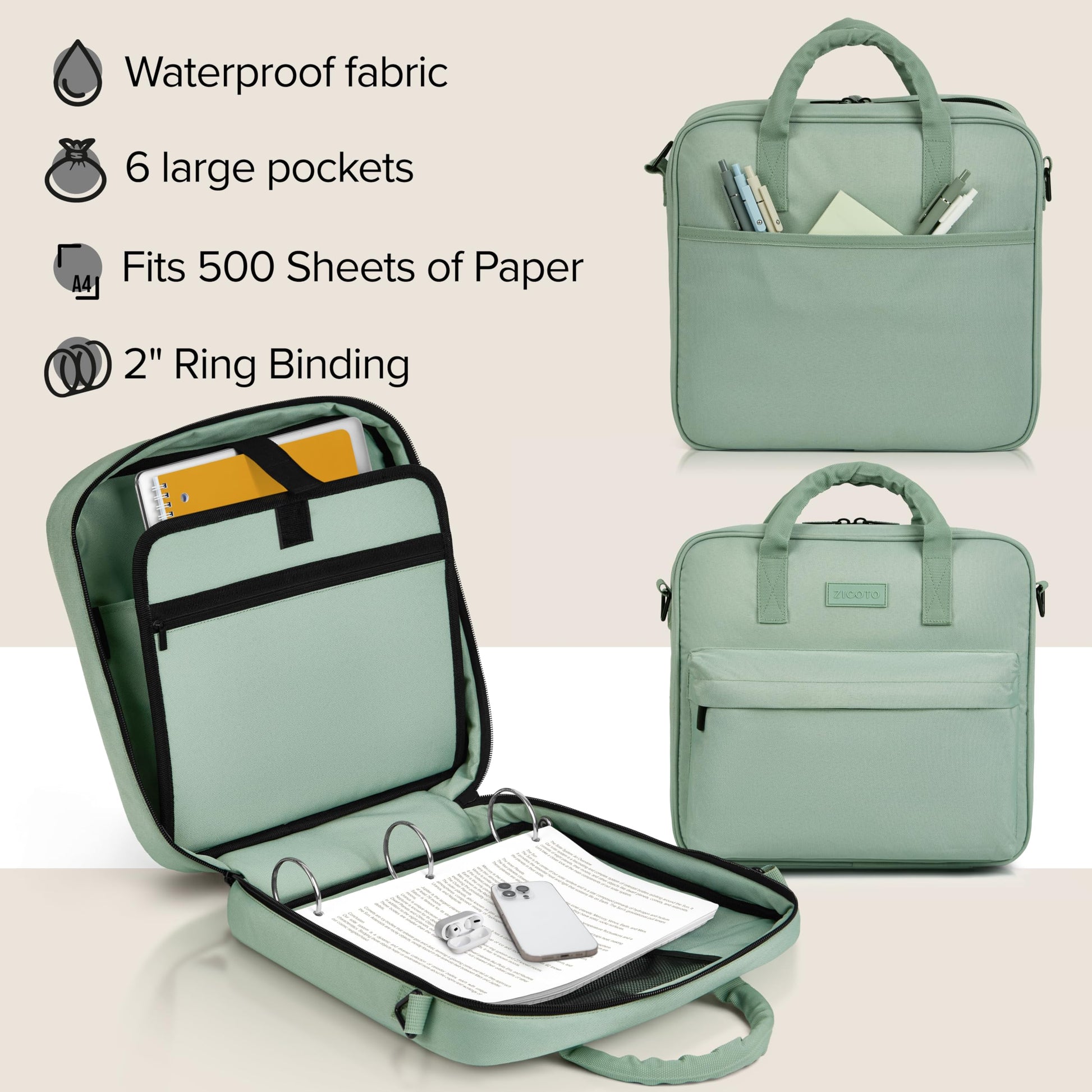 Sturdy 3 Ring Zipper Binder with Shoulder Strap for School - 2 Inch Zip Up