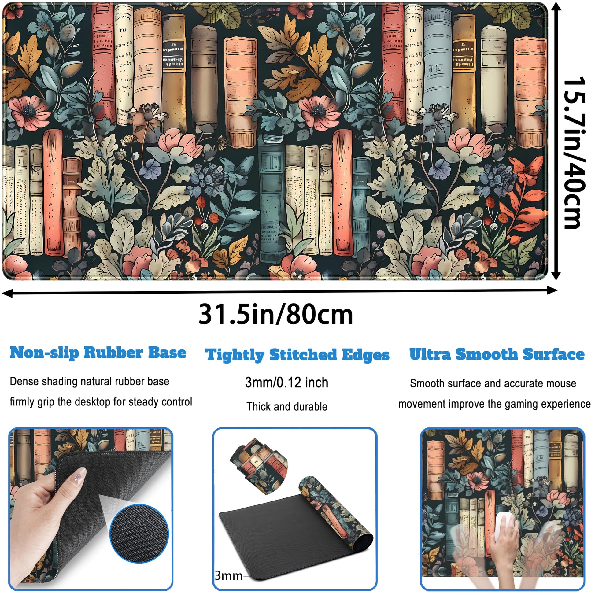 Floral Books Desk Mat Reading Desk Pad Mouse Mat XXL, Colorful Mouse Keyboard Pad Flower Bookshelf
