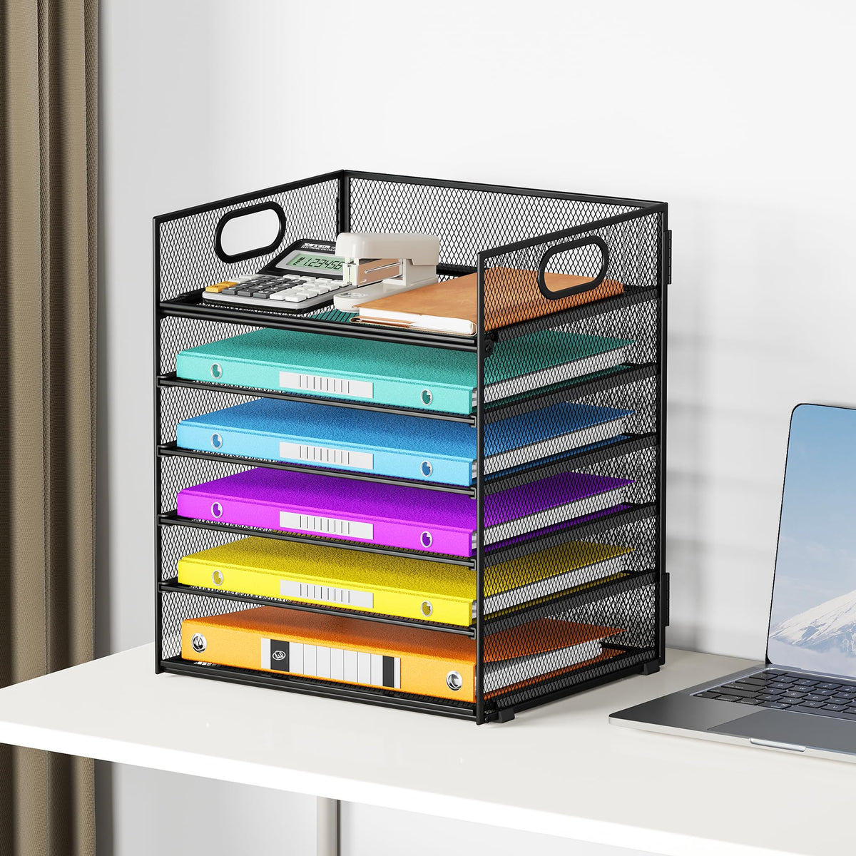 6 Tray Paper Organizer Letter Tray with Handle - Mesh Desk File Organizer, Paper Sorter Organizer